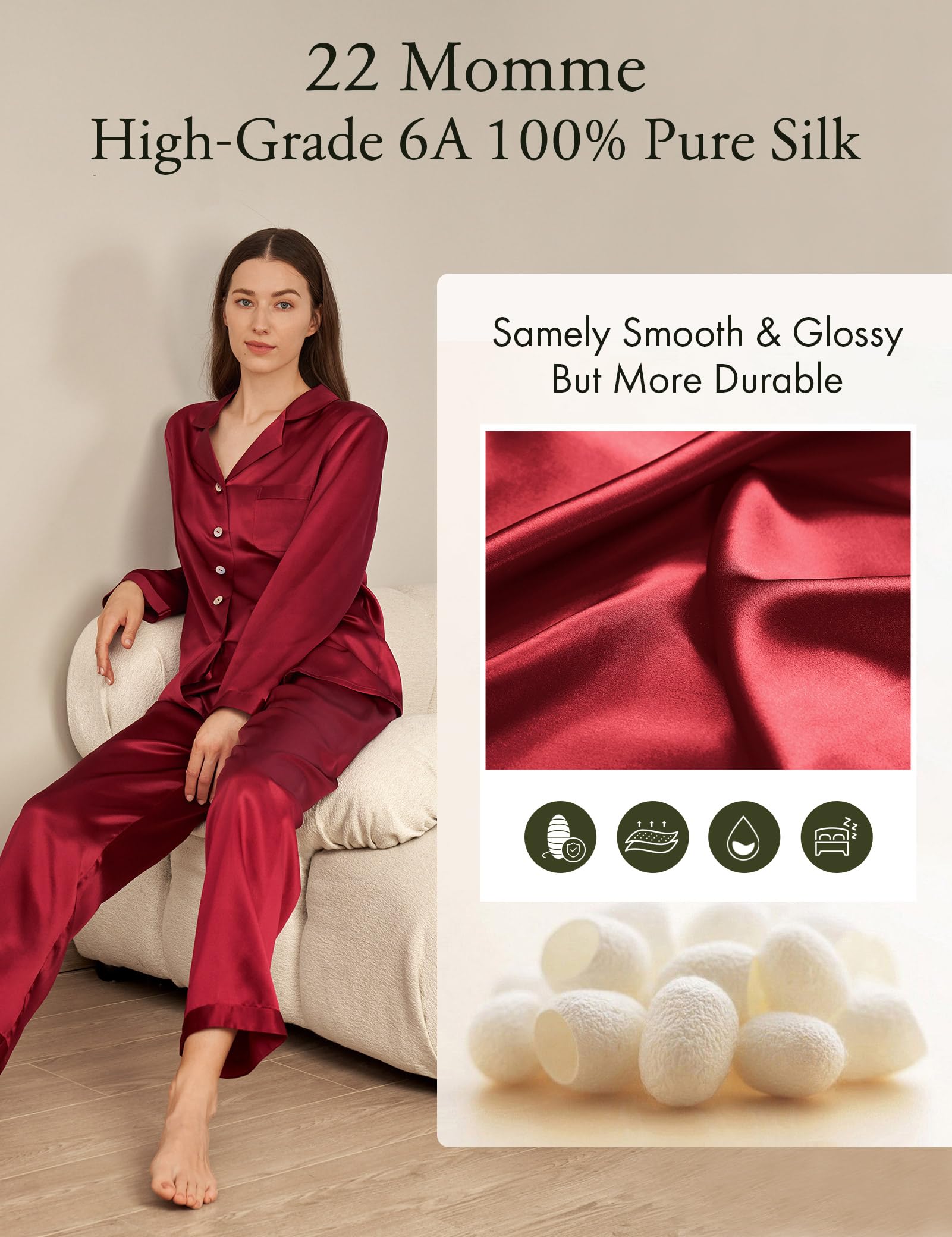 Luxury 100% Mulberry Silk Pajamas for Women - 22 Momme Pure Long Sleeve Full Length Nightwear | Soft Sleepwear for Comfortable Nights & Elegant Lounging