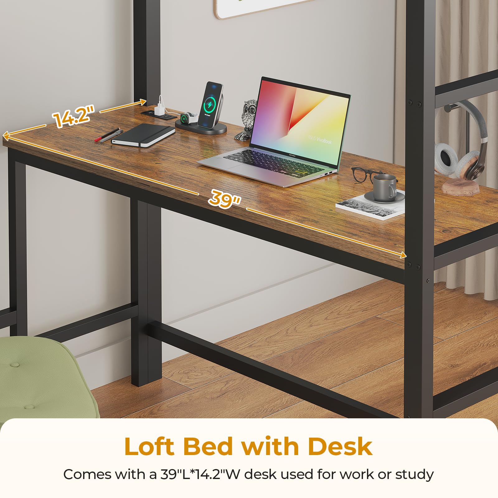 ADORNEVE Twin Size Loft Bed with Desk & 8 Storage Drawers - Metal Bunk Bed with LED Lights, USB Charging Station & Shelves - 13.1