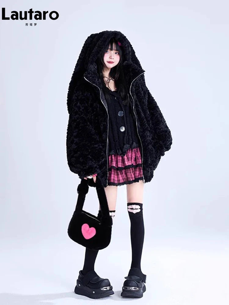 2023 Women's Black Faux Fur Coat with Bunny Ears - Soft Fluffy Winter Jacket, Warm Fuzzy Hoodie for Autumn & Winter | Perfect for Cold Weather, Holiday Parties & Casual Outings