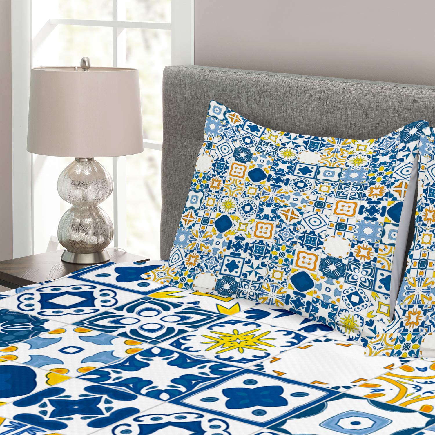 Ambesonne Yellow and Blue Mosaic Portuguese Azulejo Mediterranean King Size 3-Piece Bedspread Set with 2 Pillow Shams - Violet Blue Mustard Bedding Coverlet for Master Bedroom, Guest Room & Coastal Home Decor