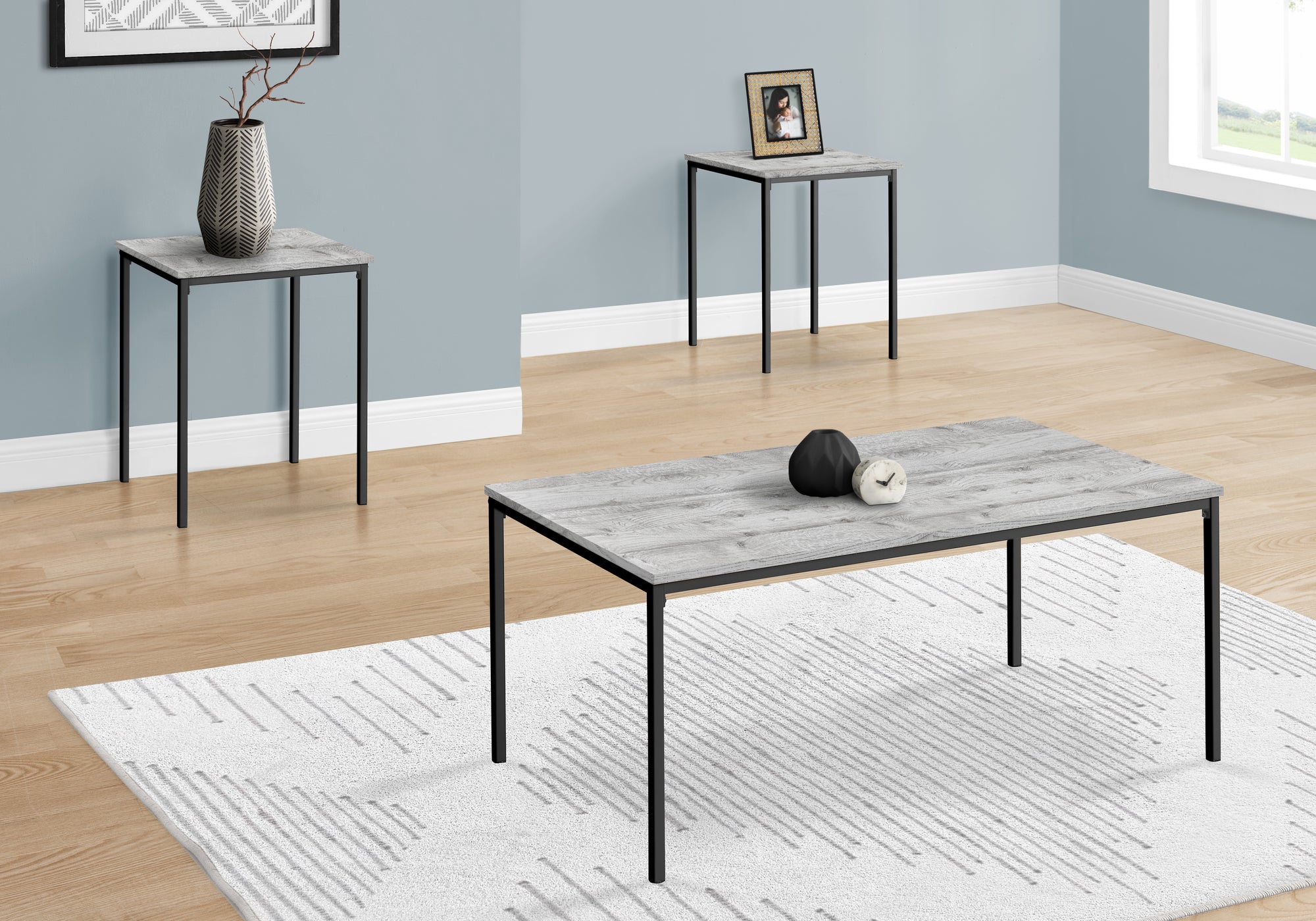 3-Piece Coffee Table and End Table Set - Black Metal Frame with Grey Laminate Top - Modern Living Room Furniture for Small Spaces & Apartments - Perfect for Coffee, Books, and Decor Display
