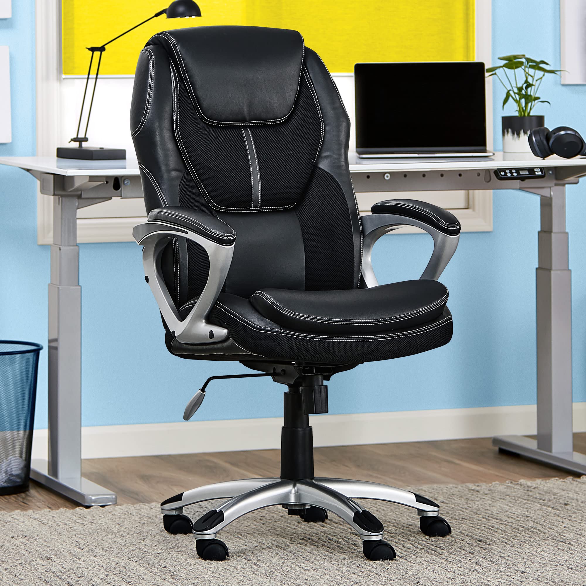 Serta Amplify Executive Office Chair - Adjustable Ergonomic Gaming Chair with Lumbar Support, Padded Arms, Faux Leather & Mesh Back - Black - Perfect for Home Office, Gaming Setup & Workspace Comfort