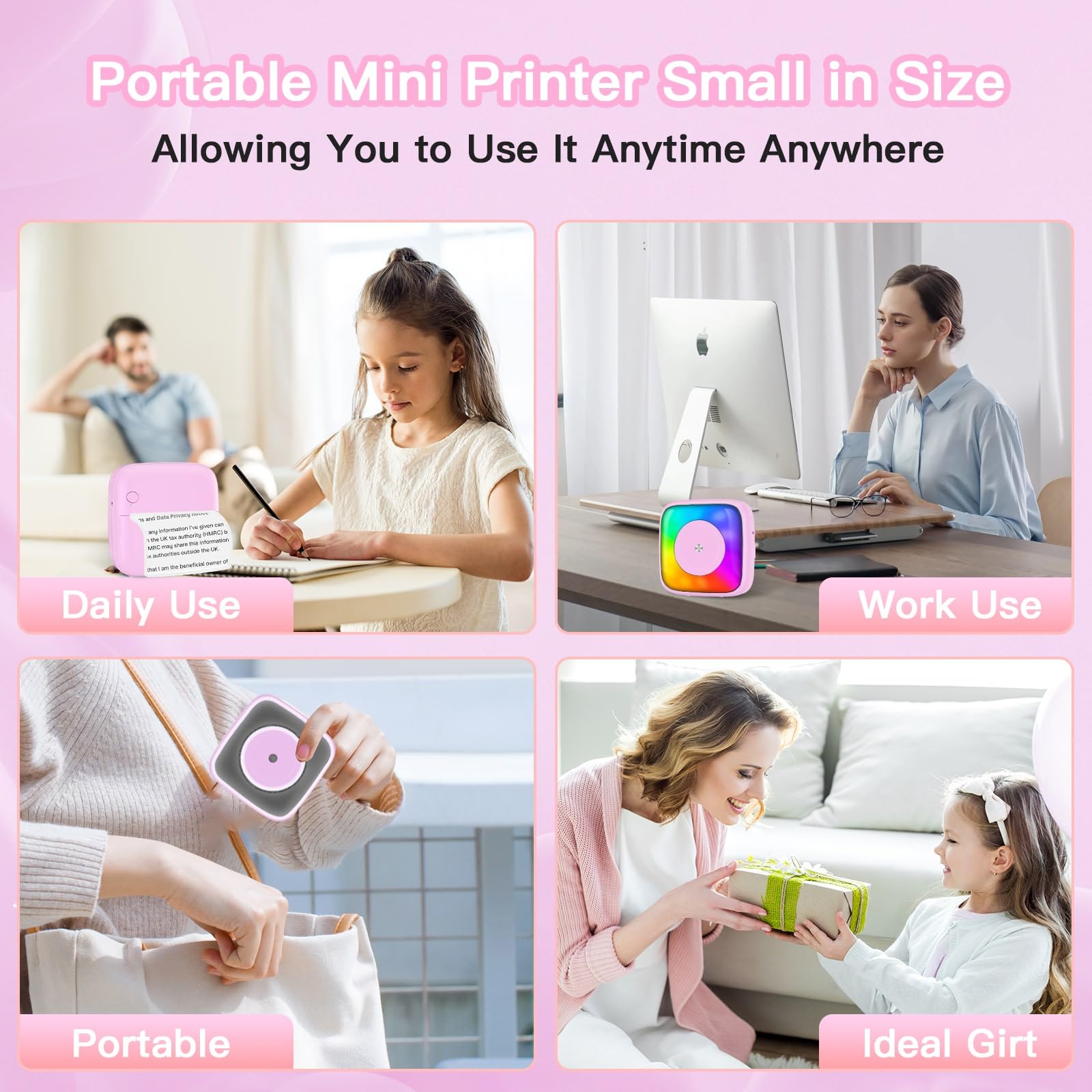 Mini Sticker Printer with 6 Rolls Paper - Portable Thermal Label Maker for DIY Scrapbooking, Travel Journaling, Note Taking & Memos - 7 Color LED Light Modes - Wireless Bluetooth Compatible with iPhone & Android Phones - Perfect for Home Office, School Projects & Gift Wrapping