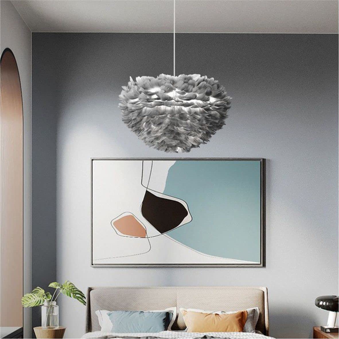 Modern Gray Feather Chandelier - LED Heart-Shaped Hanging Light with Adjustable Height, Warm White Lighting for Bedroom, Living Room, Bar & Dining Room Decoration | Romantic Doughnut Ceiling Pendant Lamp (Small Size)