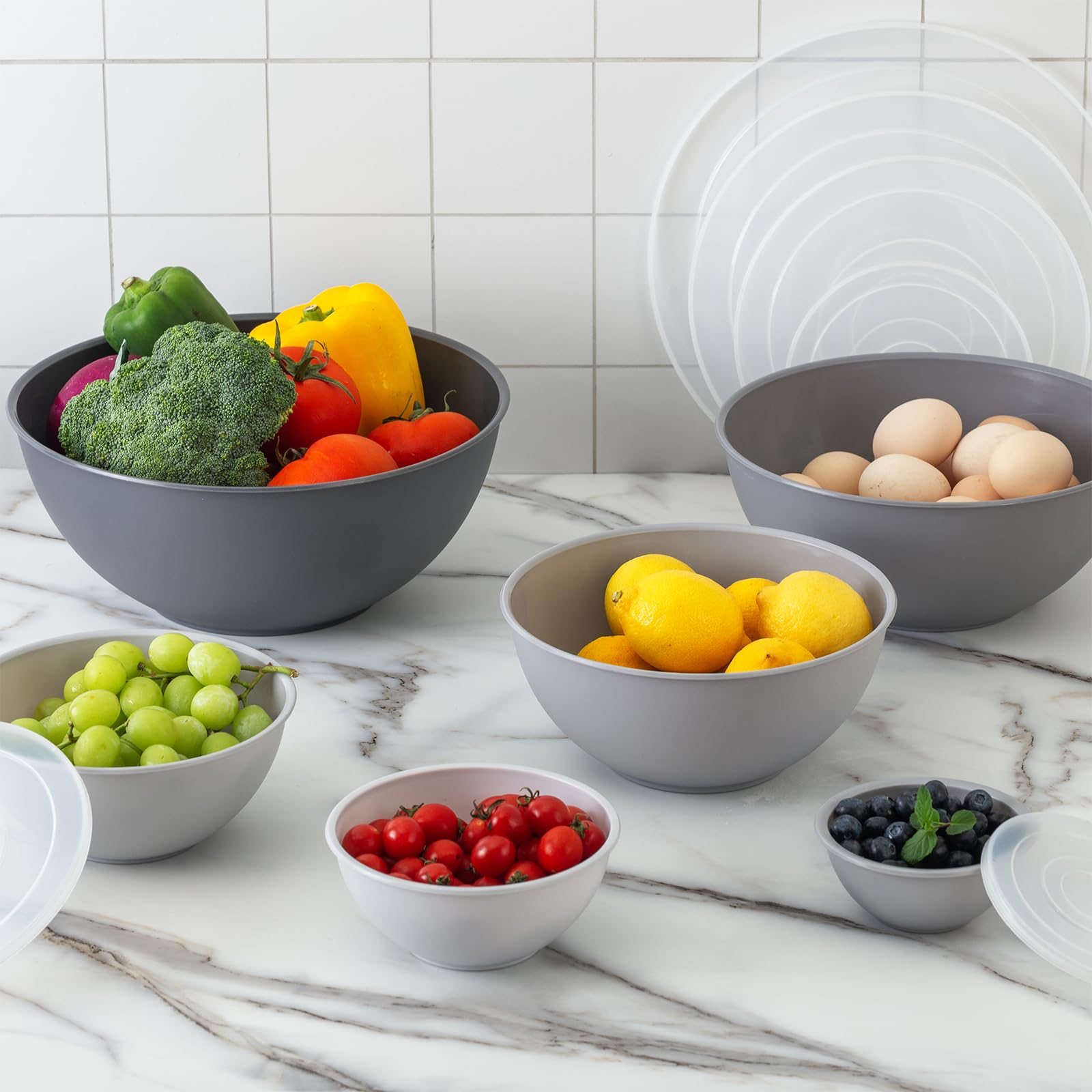 COOK WITH COLOR Plastic Nesting Mixing Bowls Set - 12 Piece Kitchen Prep Bowls with Lids, Microwave & Dishwasher Safe (Gray Ombre) for Baking, Meal Prep & Food Storage