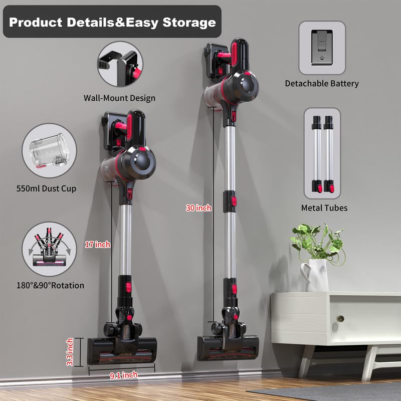 210W Brushless Motor Cordless Vacuum Cleaner - 4-in-1 Powerful Lightweight Rechargeable Vacuum with 2200mAh Battery (35 Min Runtime) for Pet Hair, Hard Floors & Carpets | Perfect for Home Cleaning & Quick Pickups