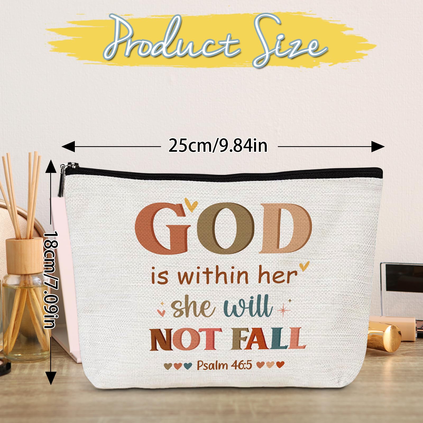 Christian Makeup Bag for Women - Bible Verse Cosmetic Pouch with 'God is Within Her She Will Not Fall' Design, Religious Faith Gift for Sister & Friends - Perfect for Birthday, Christmas & Daily Devotional Use