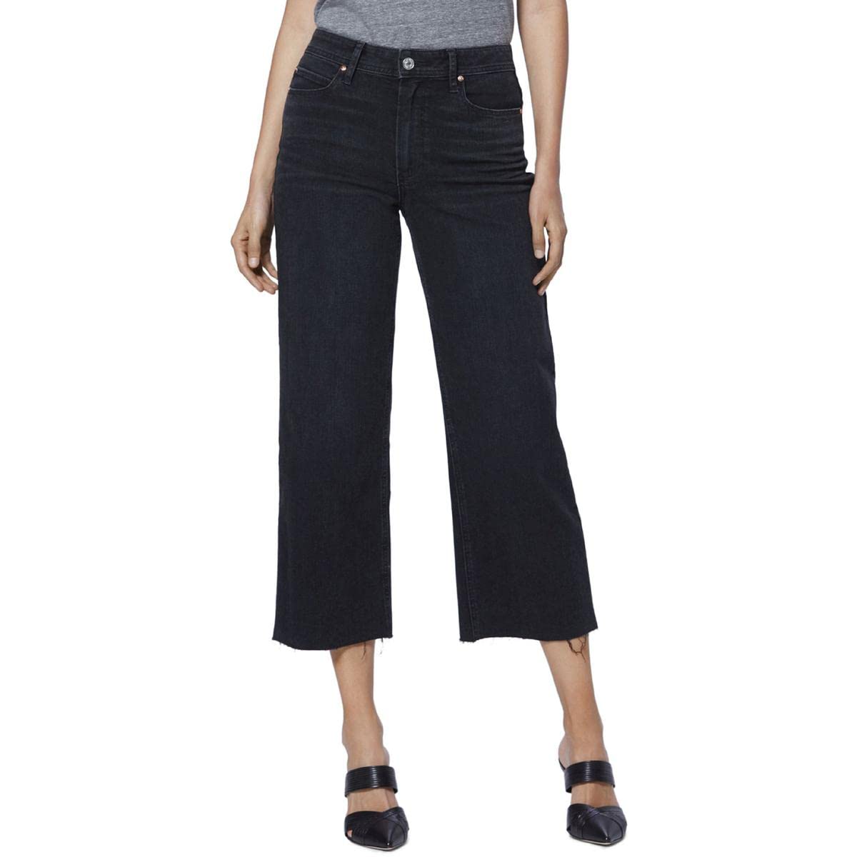 PAIGE Nellie Culotte Jeans - High Waisted Black Sand Raw Hem Denim Pants with Crossed Back Belt Loops | Perfect for Casual Wear, Date Night & Office Outfits