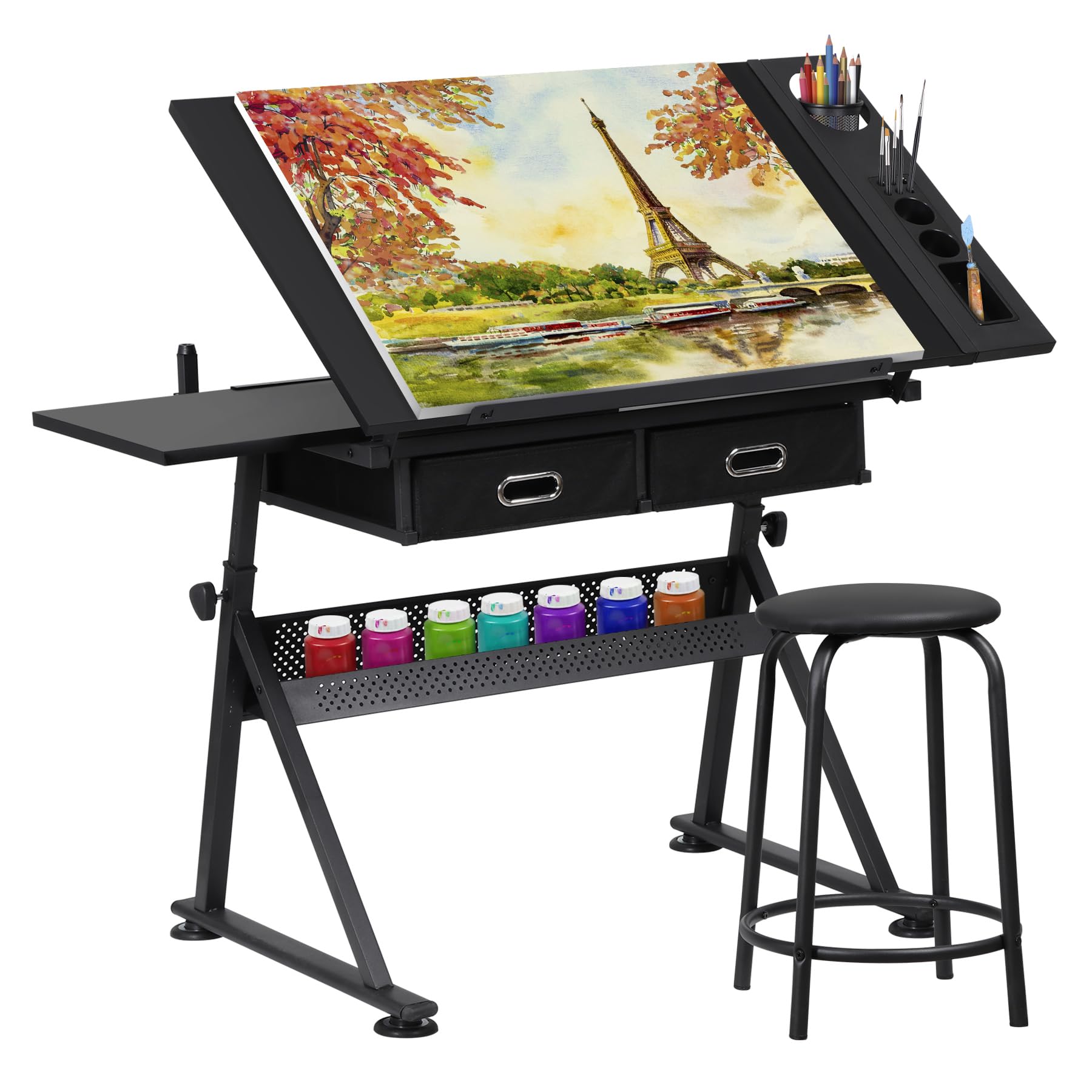 Adjustable Height Drafting Desk with 2 Storage Drawers - Ergonomic Drawing Table for Artists, Architects & Home Office Work - Perfect for Painting, Sketching & Remote Work - Black