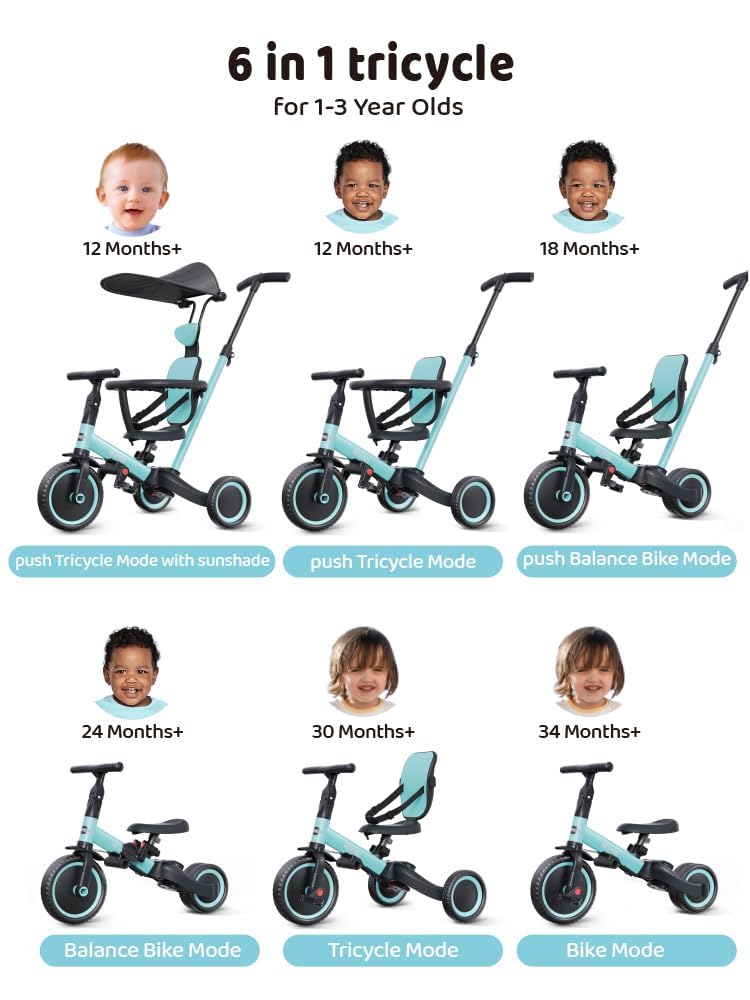Newyoo 6-in-1 Toddler Tricycle for Kids Ages 1-3 | Adjustable Push Trike with Parent Handle & Canopy | Balance Bike & Learning Trike for Boys & Girls | Perfect Birthday Gift | Outdoor Play, Park Rides & Early Childhood Development | TR009 Blue