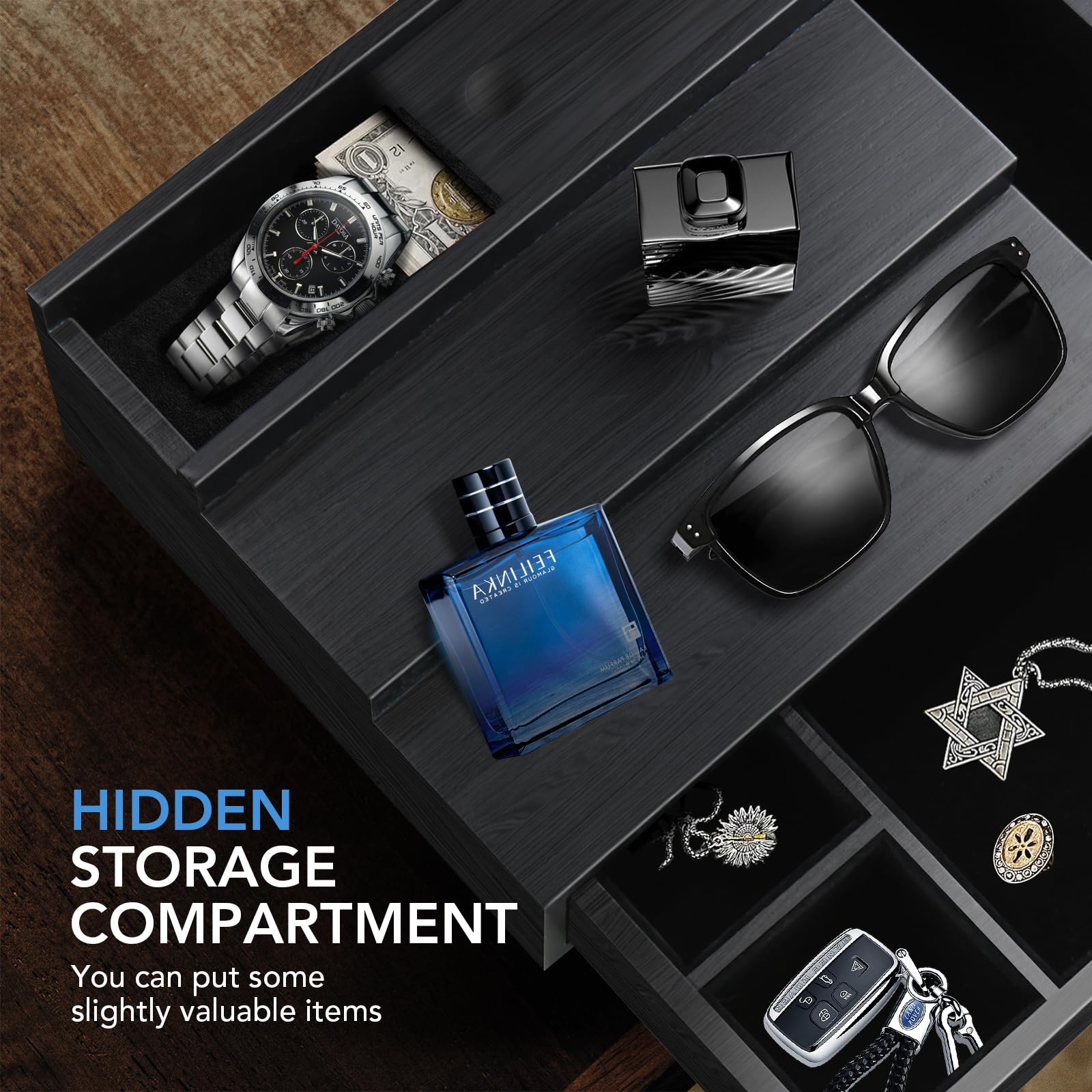 3-Tier Cologne Stand Organizer for Men - Velvet Lined Drawer & Compartments for Watch, Jewelry & Perfume Display | Perfect Gift for Father | Bathroom Countertop & Dresser Organizer for Fragrance Collection