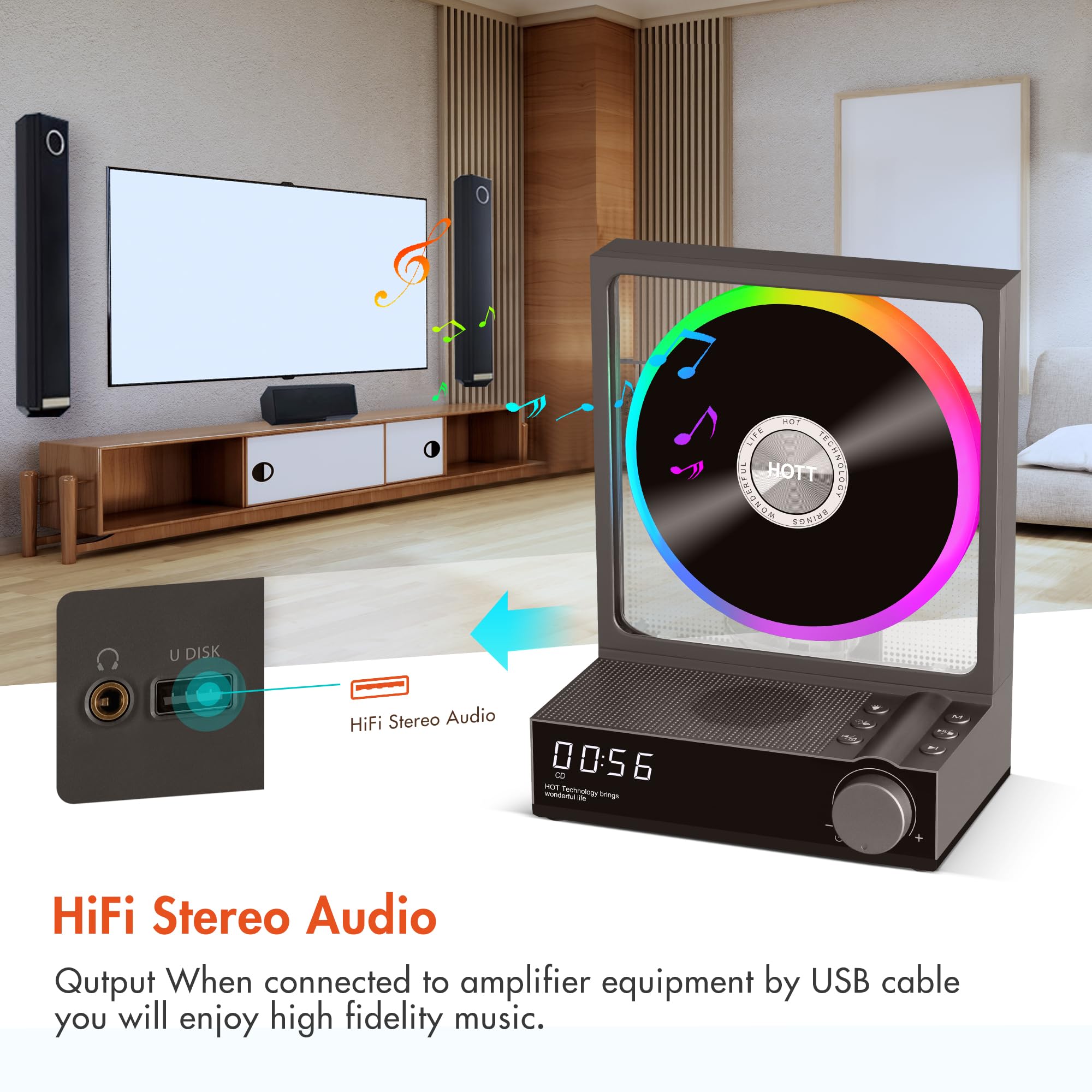 Portable CD Player with Bluetooth 5.3 & HiFi Speakers - Desktop CD Player with RGB Lights, TF/USB Playback, Transcription, LED Display & Timer - Perfect for Home Entertainment & Music Lovers (Grey)