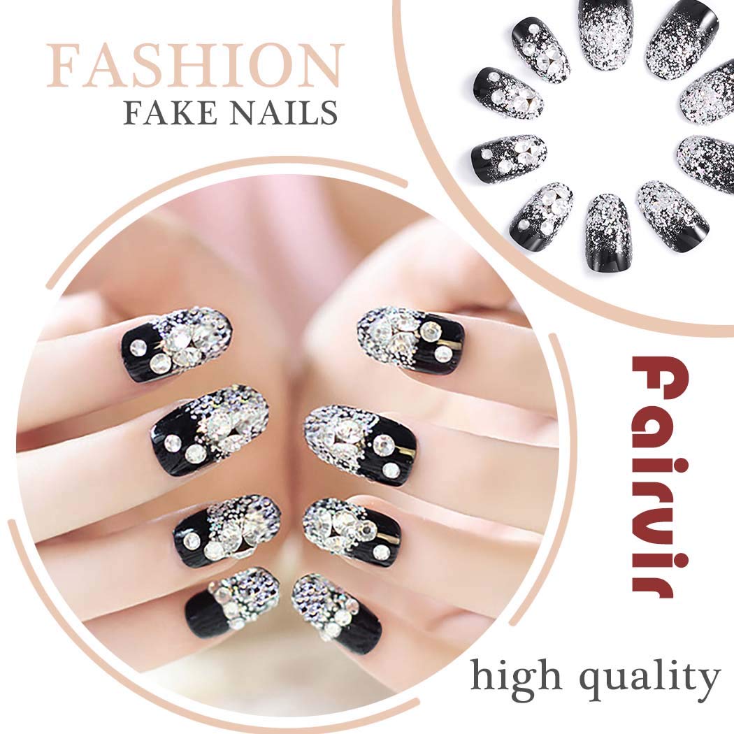 Fairvir Black Crystal Glitter Fake Nails with Rhinestones - 24Pcs Oval Full Cover Press on Nails for Women & Girls - Perfect for Birthday Parties, Weddings, and Special Occasions