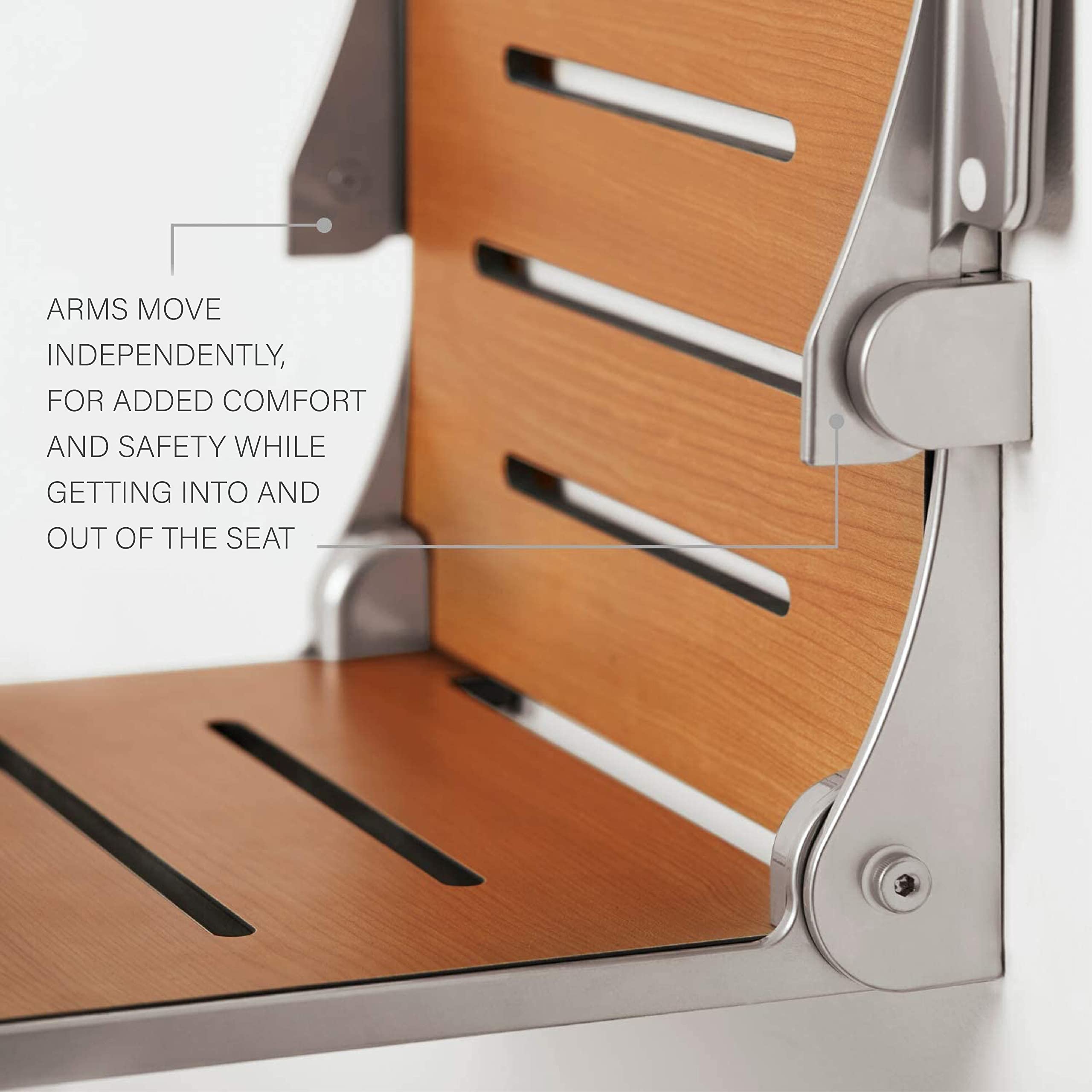 Premium Teak Folding Shower Bench with Arms - Wall Mounted Chrome Frame for Bathroom Safety & Comfort - Ideal for Elderly, Disabled & Spa Relaxation