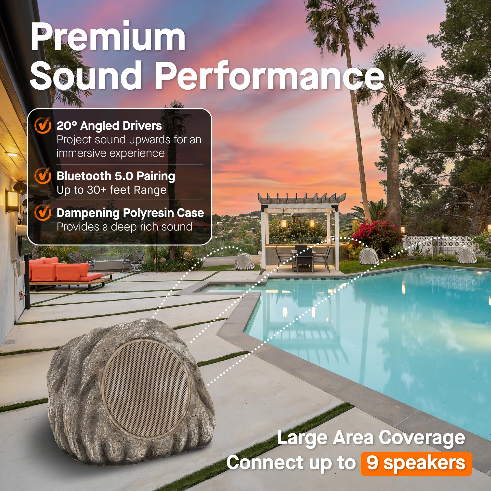 Homewell Solar Rock Speakers - Wireless Bluetooth Outdoor Waterproof Speakers (2-Pack) - Multi-Link up to 9 Units - Weatherproof Landscape Speakers for Pool, Patio, Deck, Backyard, Garden - Perfect for Outdoor Parties, BBQs, and Relaxing in Your Yard