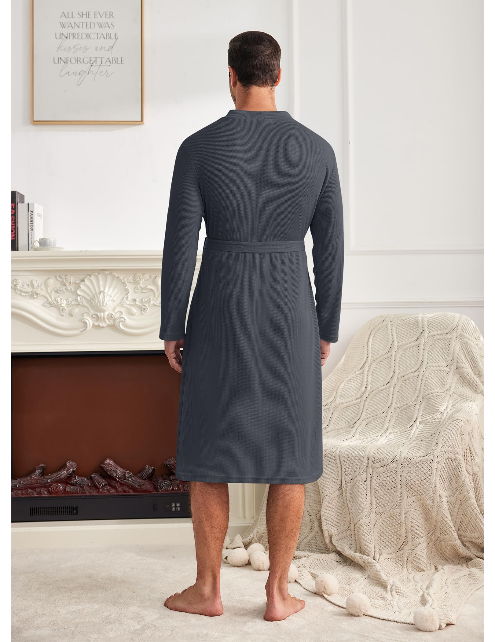 Ekouaer Men's Lightweight Waffle Knit Bathrobe - Soft Kimono Spa Robe with Pockets, V-Neck Long Sleeve Sleepwear for Shower, Lounge & Relaxation at Home