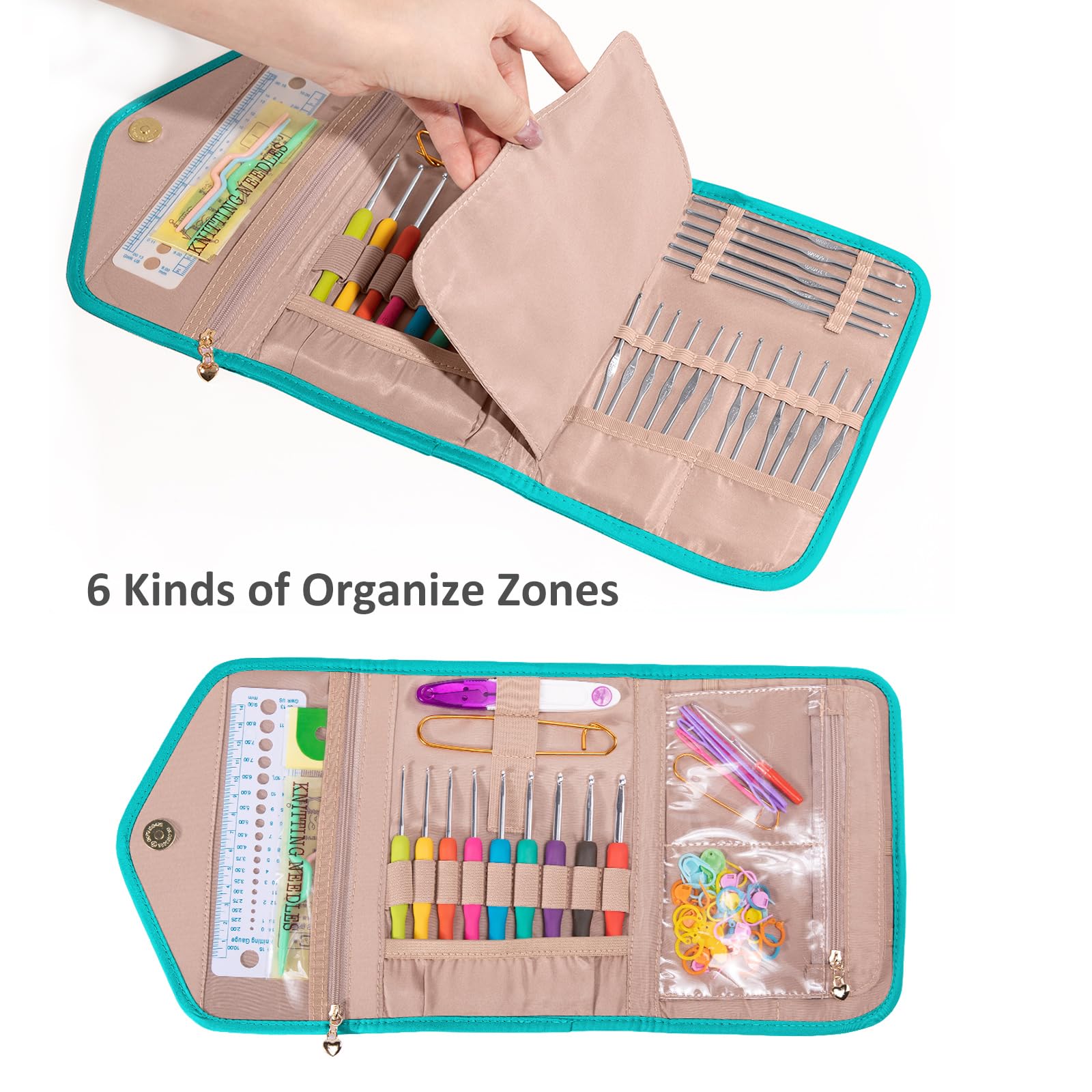 Foldable Crochet Hook Organizer Case - Portable Knitting Needle Holder for Crochet & Knitting Supplies - Empty Teal Storage Pouch for Hooks, Needles & Yarn Accessories - Perfect for Travel, Crafting & Home Organization