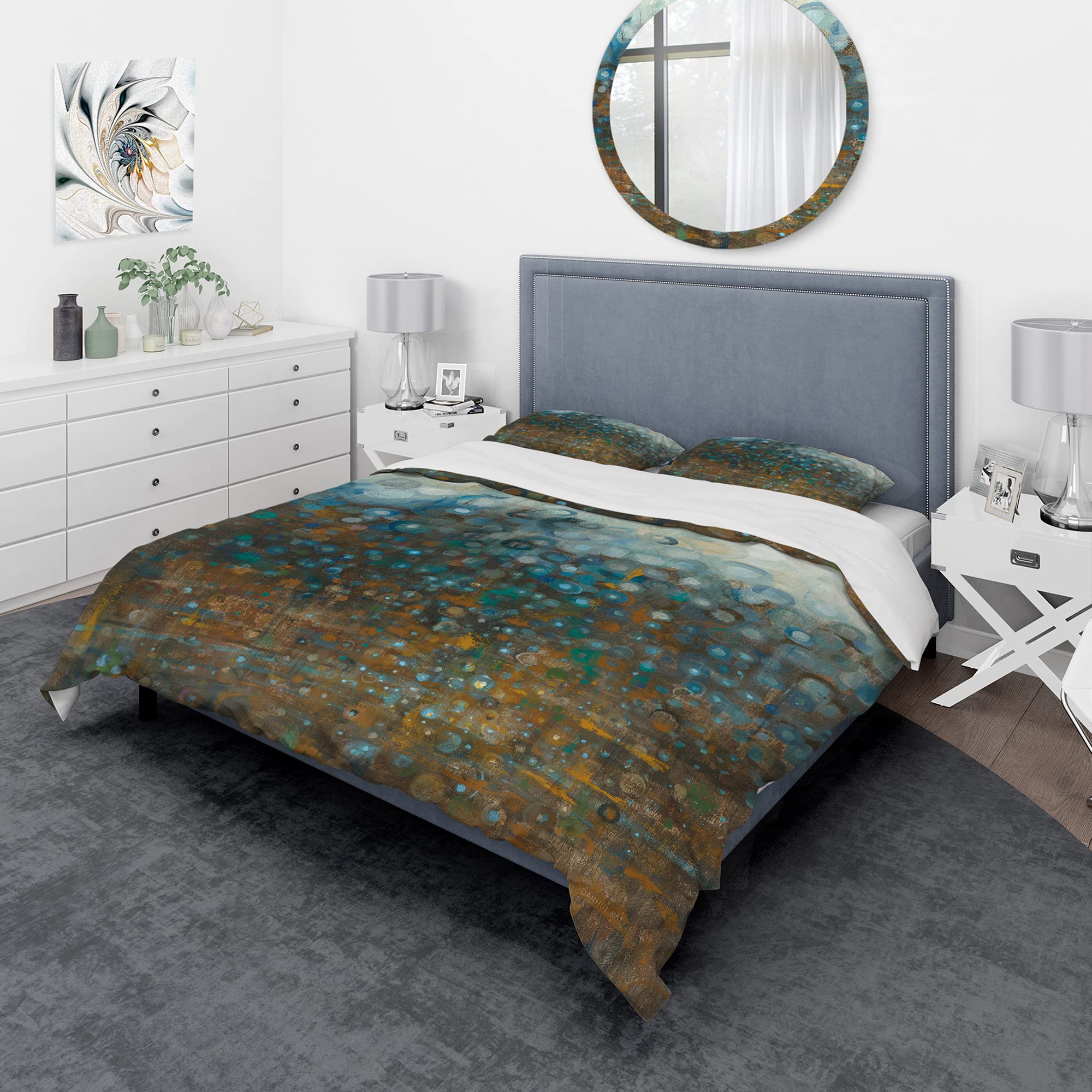 DesignQ Blue and Bronze Dots Modern Duvet Cover Set - King Size 3-Piece Abstract Bedding | All-Season Contemporary Luxury Bedroom Decor for Master Bedroom or Guest Room
