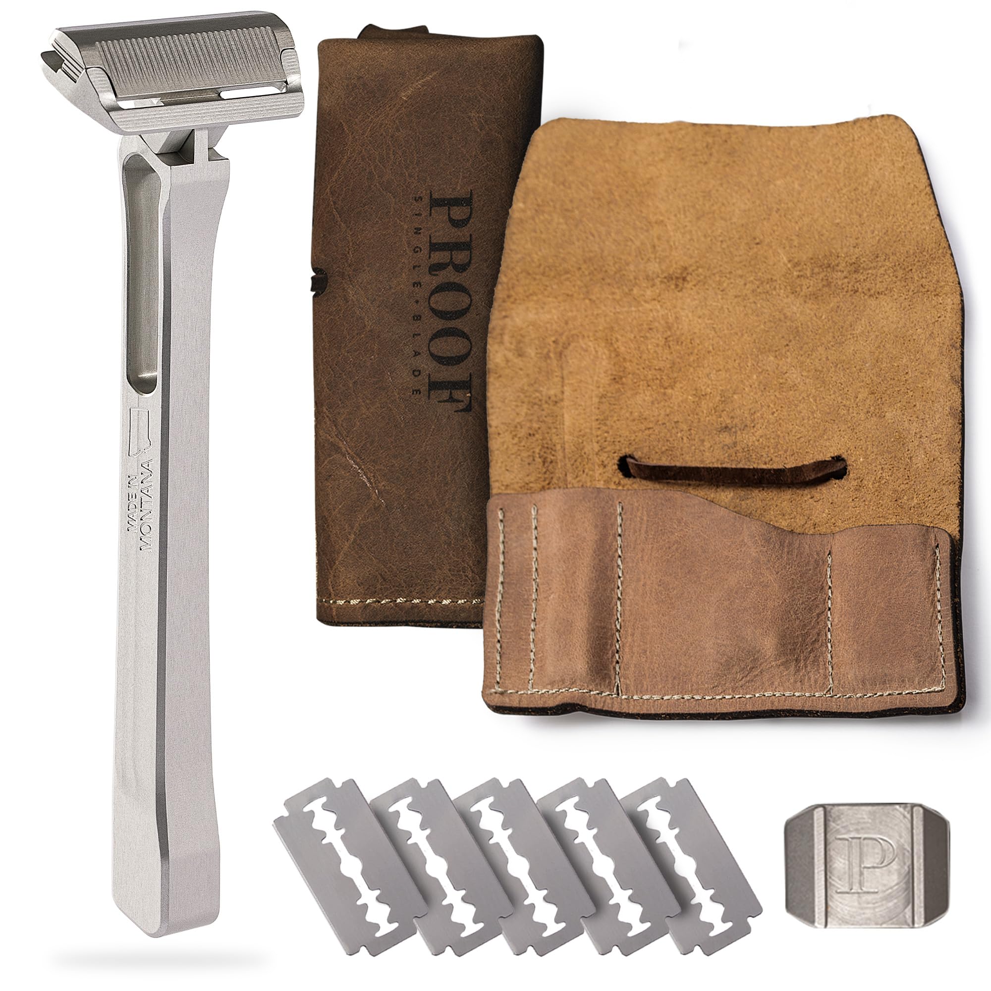 Premium Single Blade Safety Razor - CNC Machined Aluminum Metal, Made in USA | Pivoting Head for Smooth Shave & Easy Blade Replacement | Includes Genuine Leather Case, Suction Cup Holder & Extra Blades | Perfect for Wet Shaving, Travel & Gift Giving