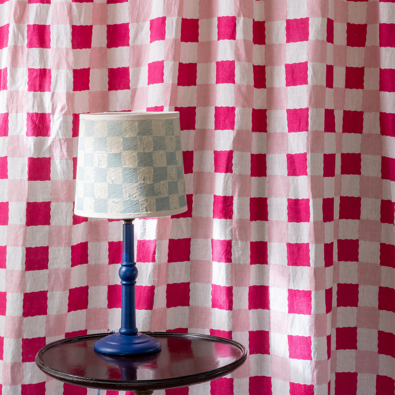 Checkered Block Printed Linen Fabric in Pink - Perfect for DIY Crafts, Home Decor, and Fashion Accessories