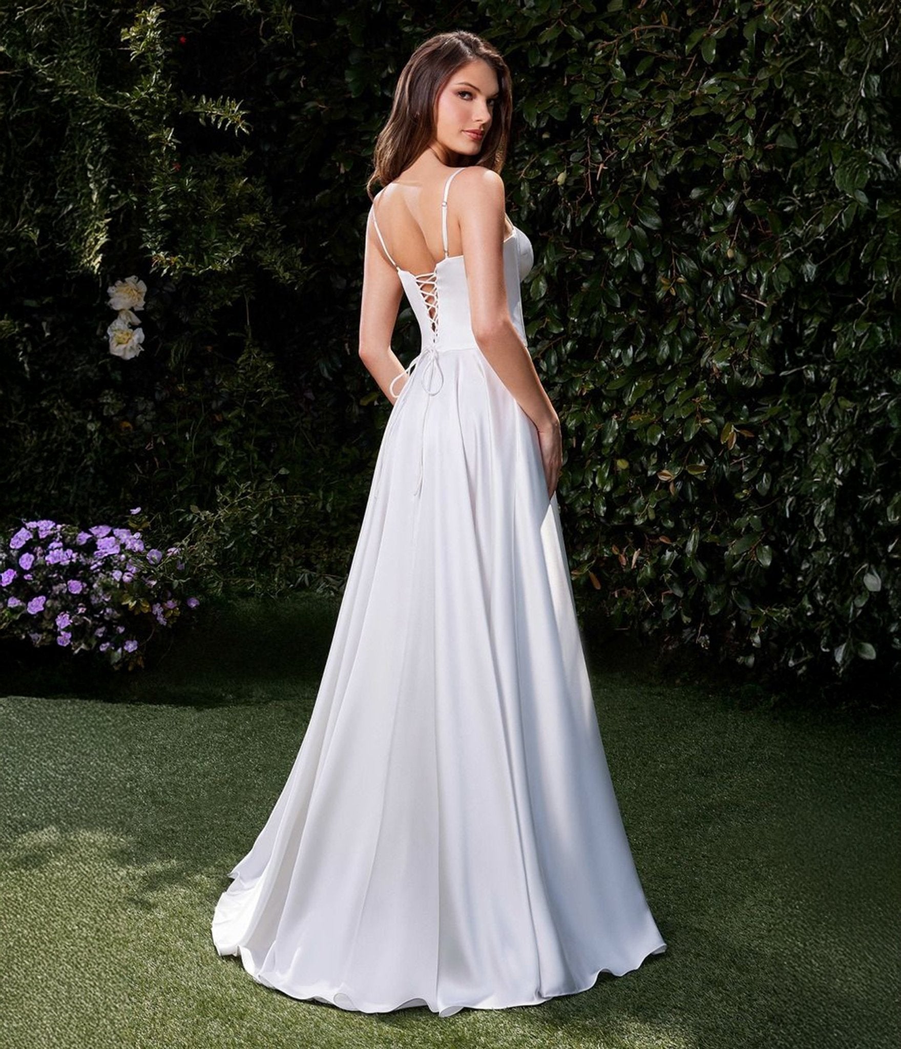 Ladivine by Cinderella Off-White Satin A-Line Bustier Wedding Dress | Elegant Bridal Gown for Church Ceremony, Beach Wedding & Reception
