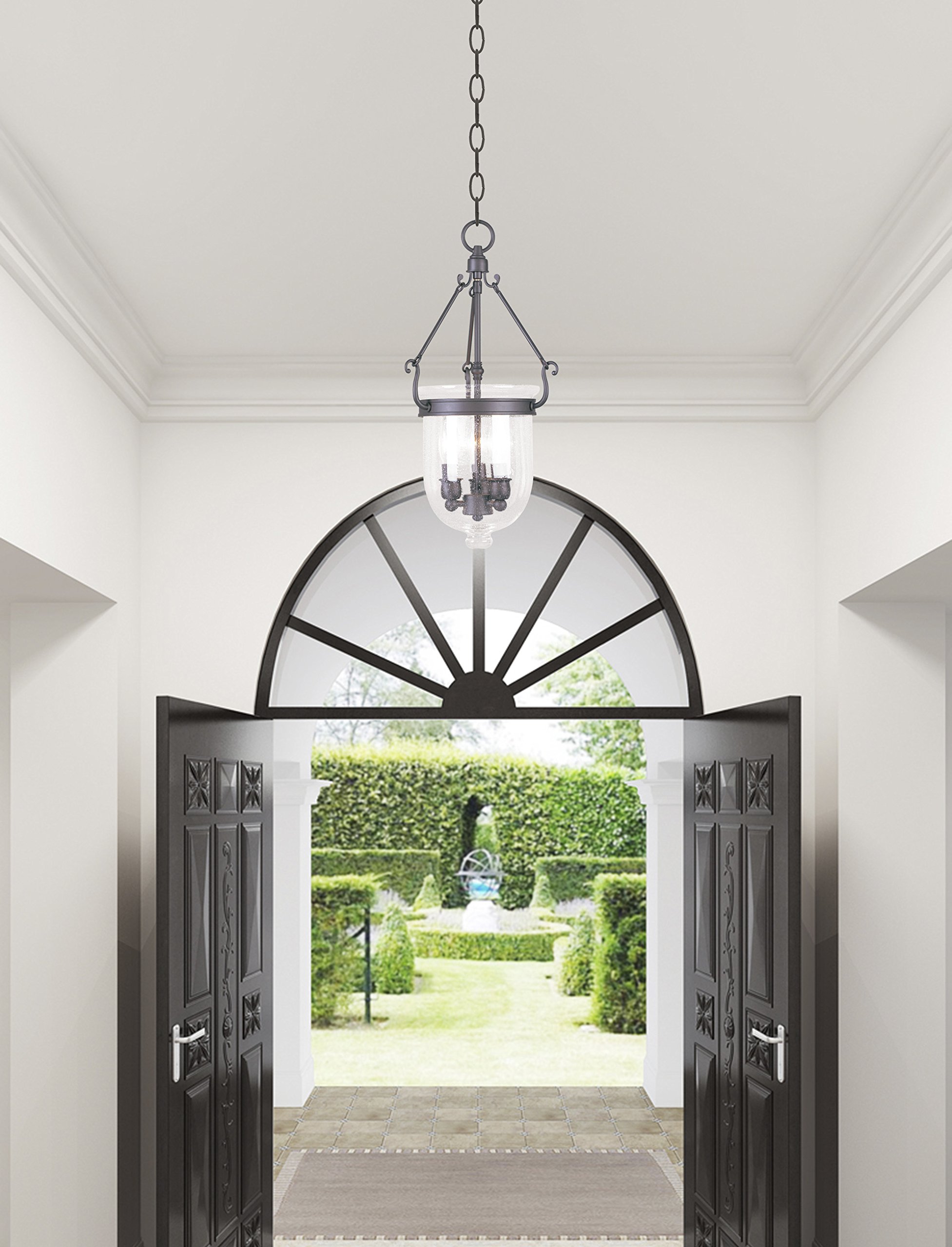 Livex Lighting 5083-07 Jefferson 3-Light Bronze Bell Jar Hanging Lantern with Seeded Glass - Vintage Farmhouse Ceiling Light for Dining Room, Kitchen, or Entryway