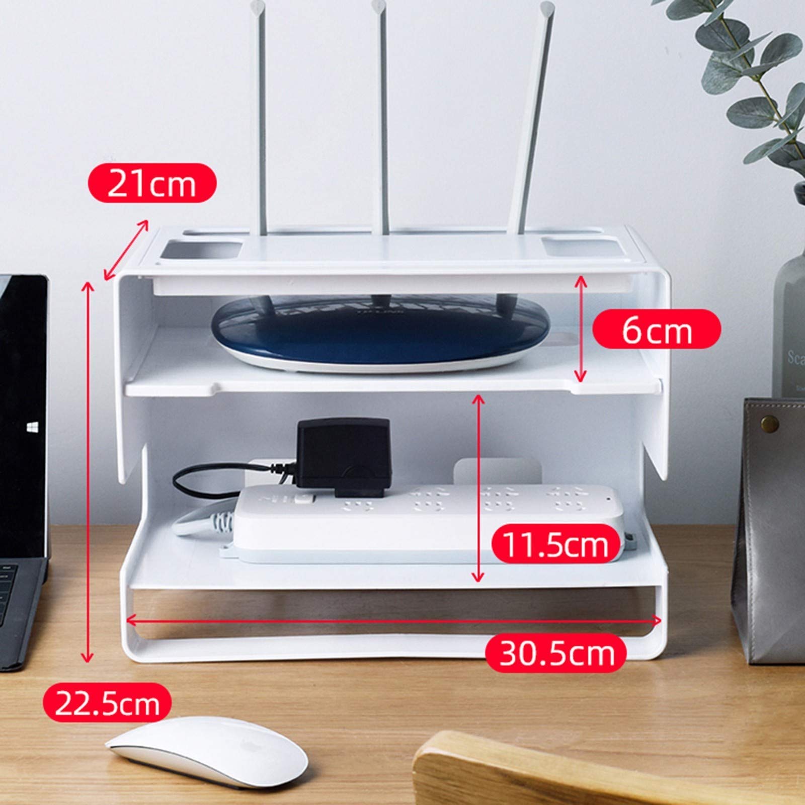 Router Storage Box & Cable Management Organizer - White Double-Layer Hollow Desktop Organizer with Heat Dissipation for Wires, Cables, Set-top Box | Perfect for Home Office, Gaming Setup & TV Stand Organization