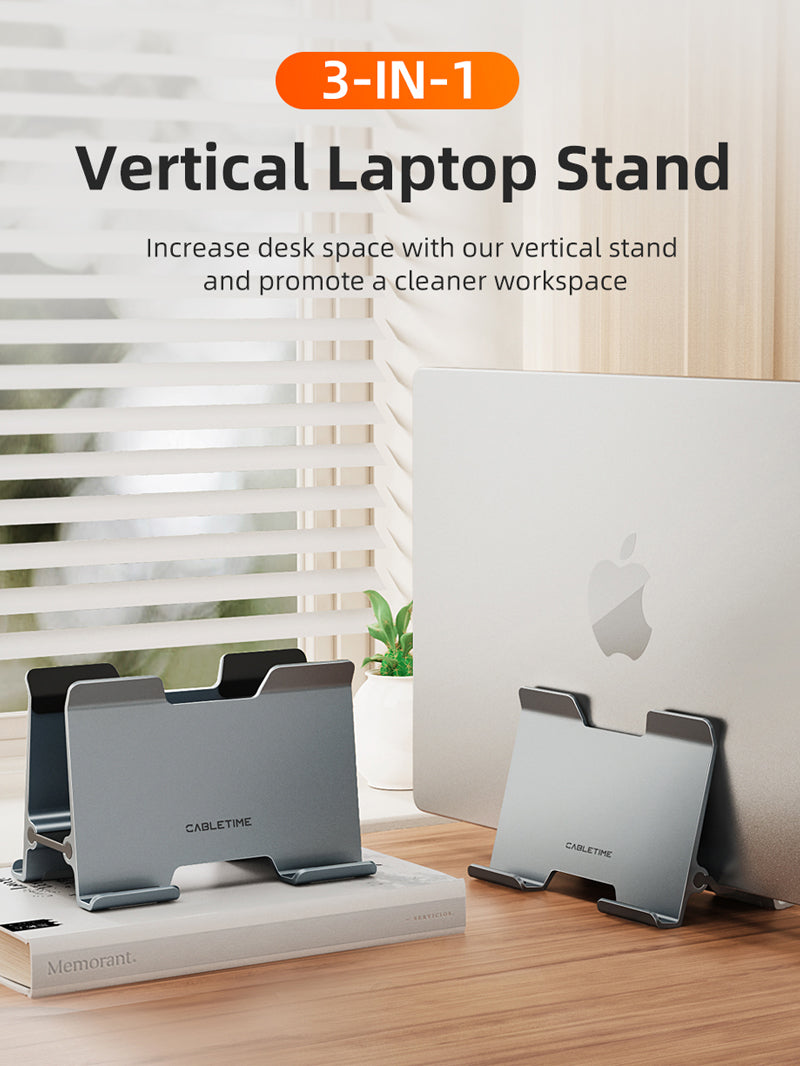 Premium Aluminum Vertical Gravity Laptop Stand for MacBook Pro Air - Space-Saving Ergonomic Desktop Organizer for Home & Office Workspace