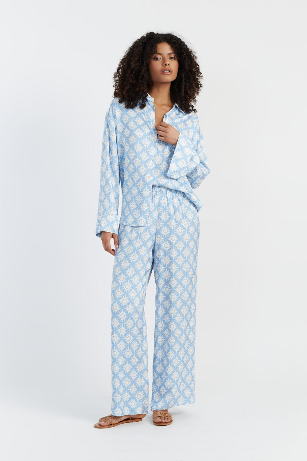 Sky Blue Laura Whitmore Paradise Trousers - Women's High Waist Wide Leg Pants for Summer Beach Vacation & Boho Style Outfits