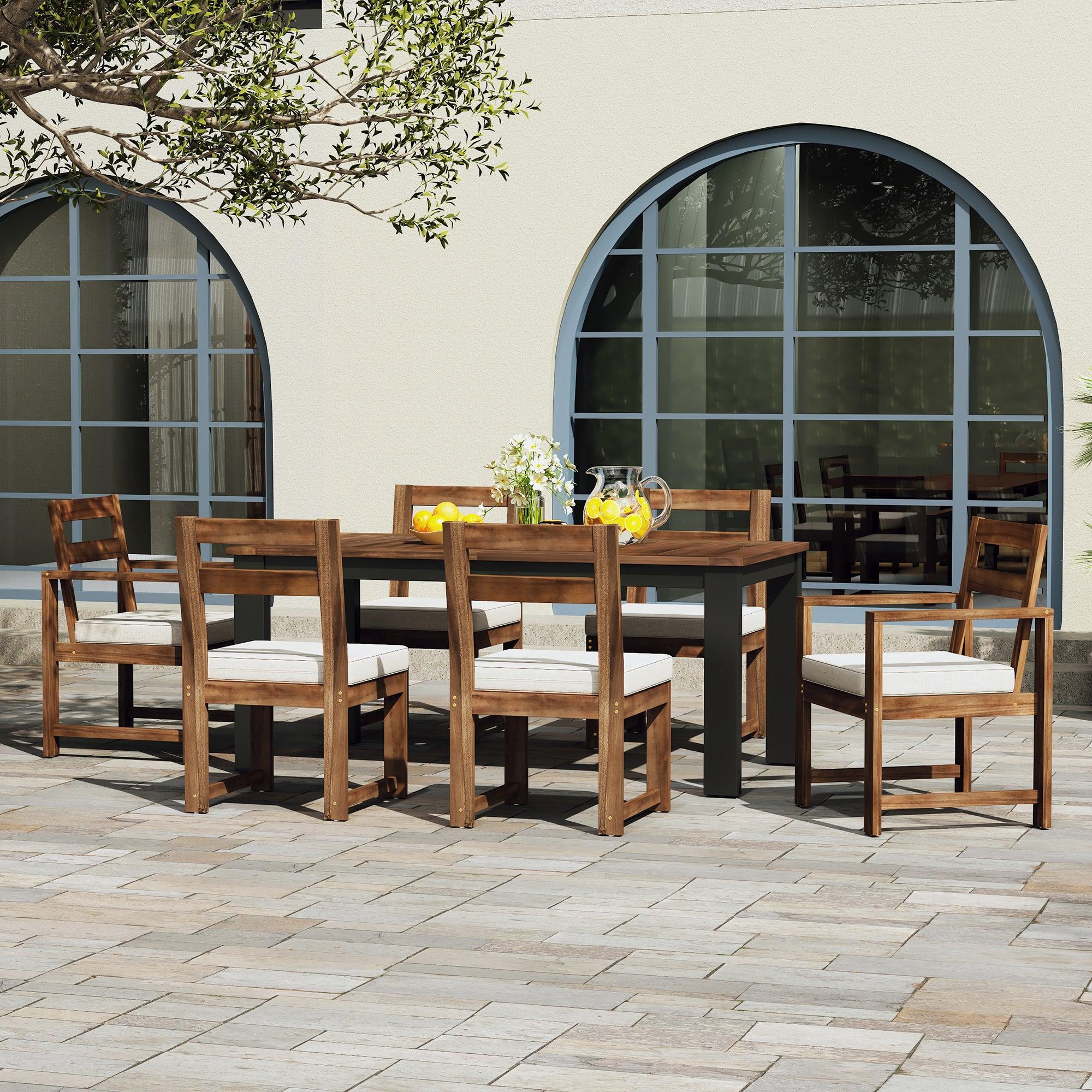 7-Piece Outdoor Patio Dining Set - Wooden Table with Umbrella Hole & 6 Chairs (2 Armchairs + 4 Side Chairs) for Garden, Backyard, Poolside - Perfect for BBQs, Family Gatherings & Outdoor Entertaining