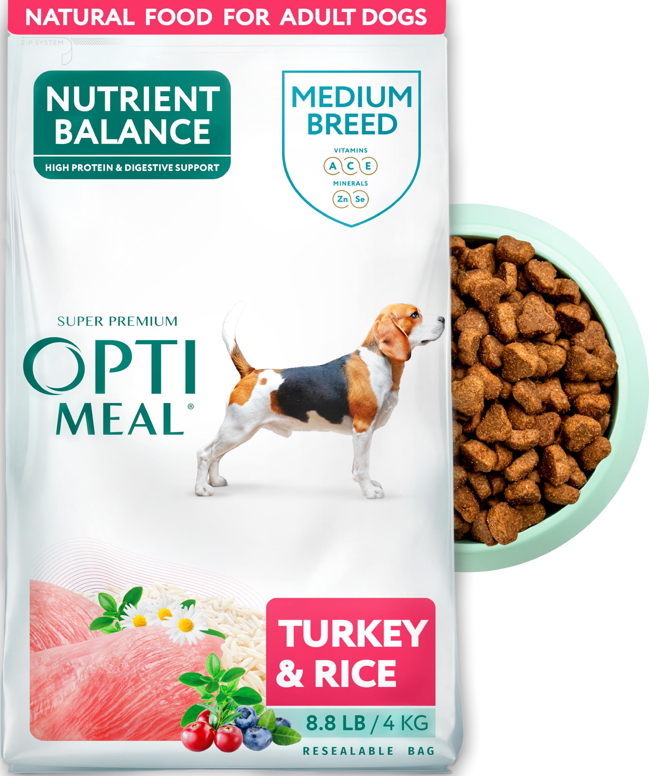 Optimal Dry Dog Food for Medium Dogs - High-Protein Turkey & Rice Recipe - Supports Healthy Digestion & Joint Health - 8.8 lb Bag - Perfect for Active Medium Breeds Like Labradors & Beagles - Made in Ukraine