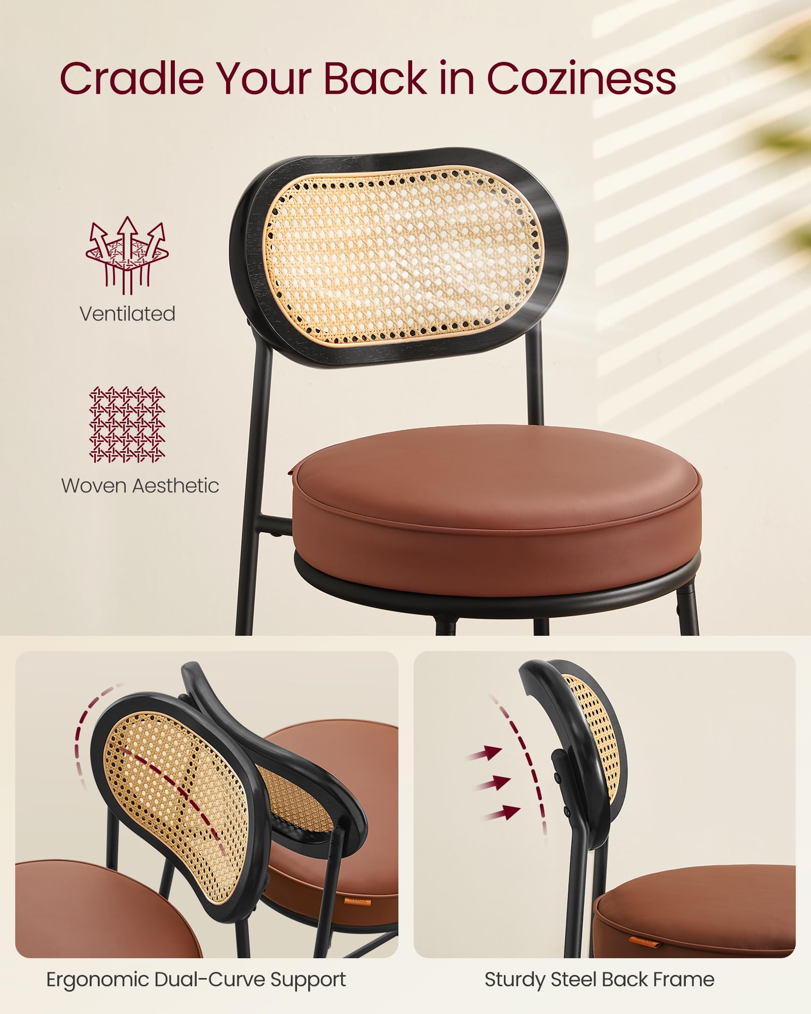 VASAGLE 2-Pack Counter Height Bar Stools with PE Rattan Back & Synthetic Leather Seat - 25.1