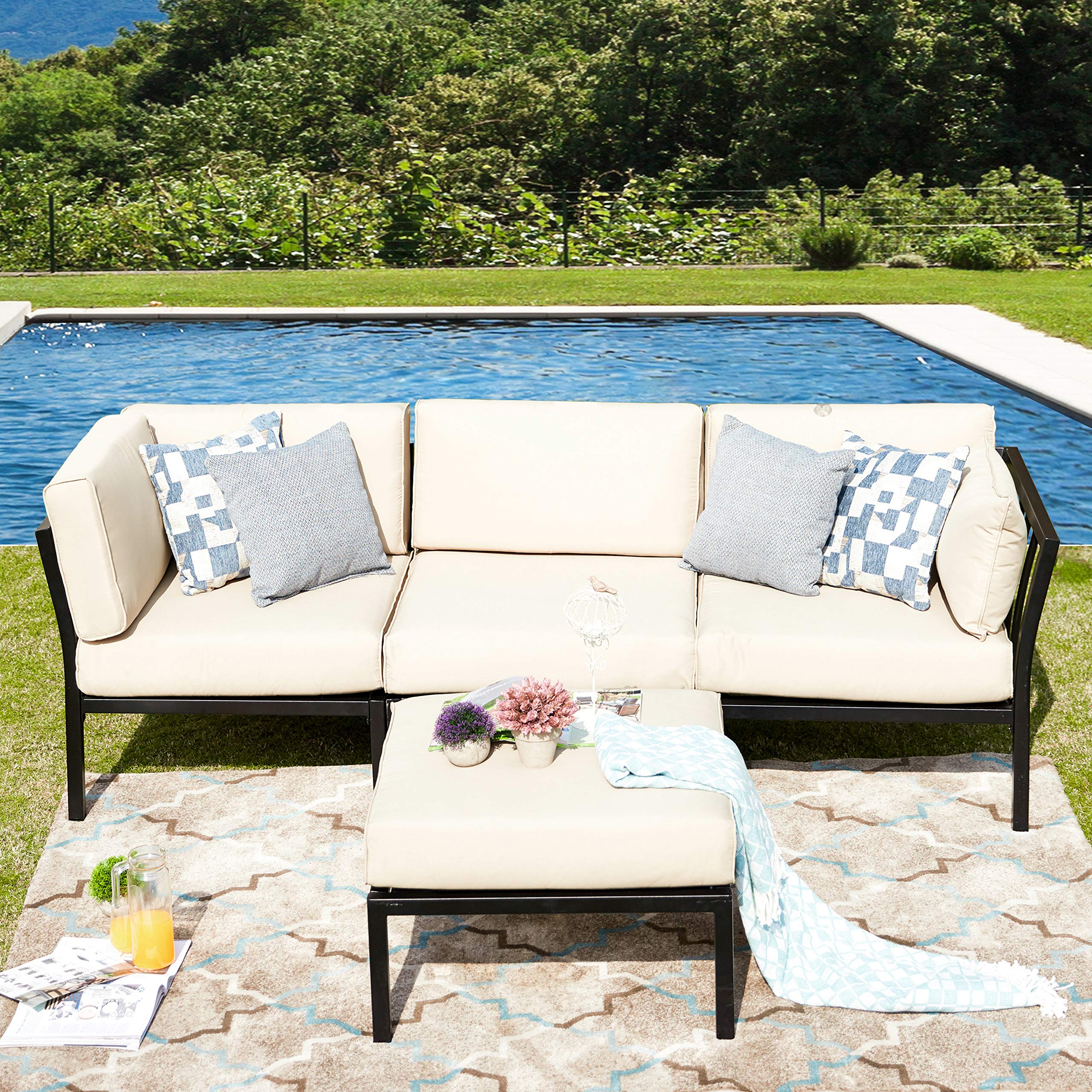 LOKATSE HOME 4-Piece Outdoor Patio Furniture Set - Waterproof Wicker Sectional Sofa with 2 Corner Chairs, 1 Armless Chair & Ottoman - Khaki Cushions - Perfect for Backyard, Garden, Poolside & Patio Relaxation