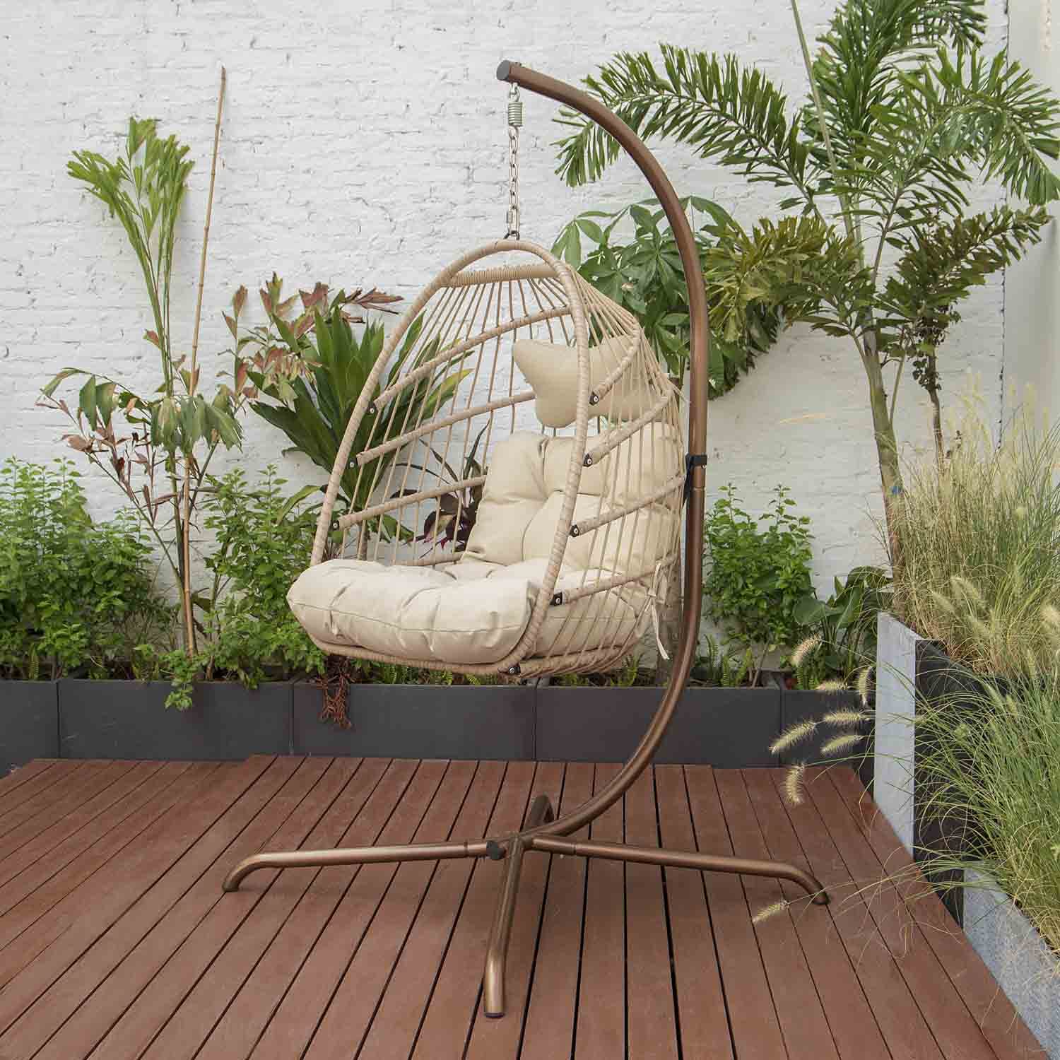 NICESOUL Indoor/Outdoor Wicker Hanging Egg Chair with Stand - 350lbs Capacity Patio Swing Hammock with Cushions & Cover - Sturdy Porch Swing for Backyard, Balcony, Garden (Beige) - Perfect for Relaxing, Reading & Lounging