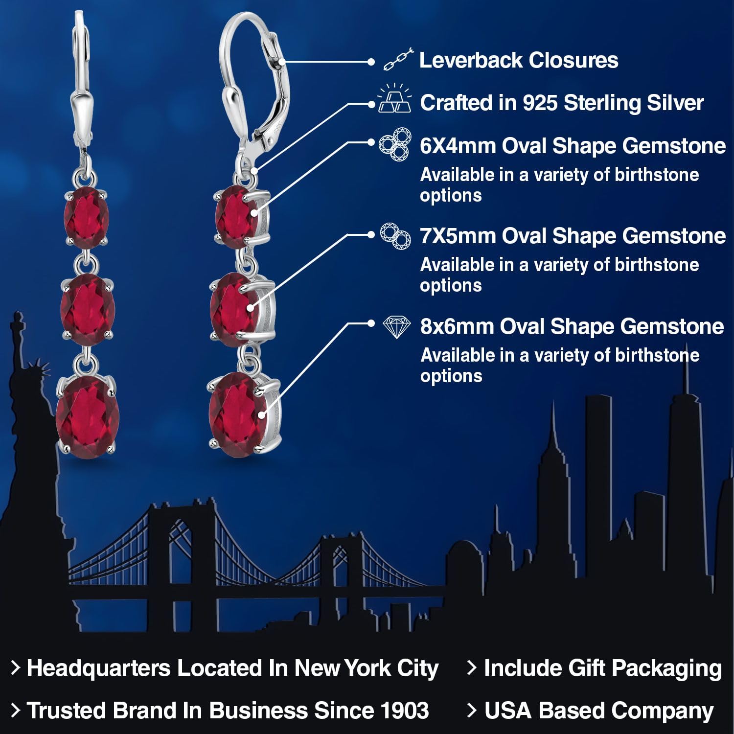 Gem Stone King 3-Stone Leverback Drop Dangle Earrings for Women - 925 Sterling Silver Birthstone Jewelry | Oval 8x6mm, 7x5mm & 6x4mm Gemstones | Elegant Gift for Mom, Wife, Her | Perfect for Weddings, Anniversaries & Special Occasions
