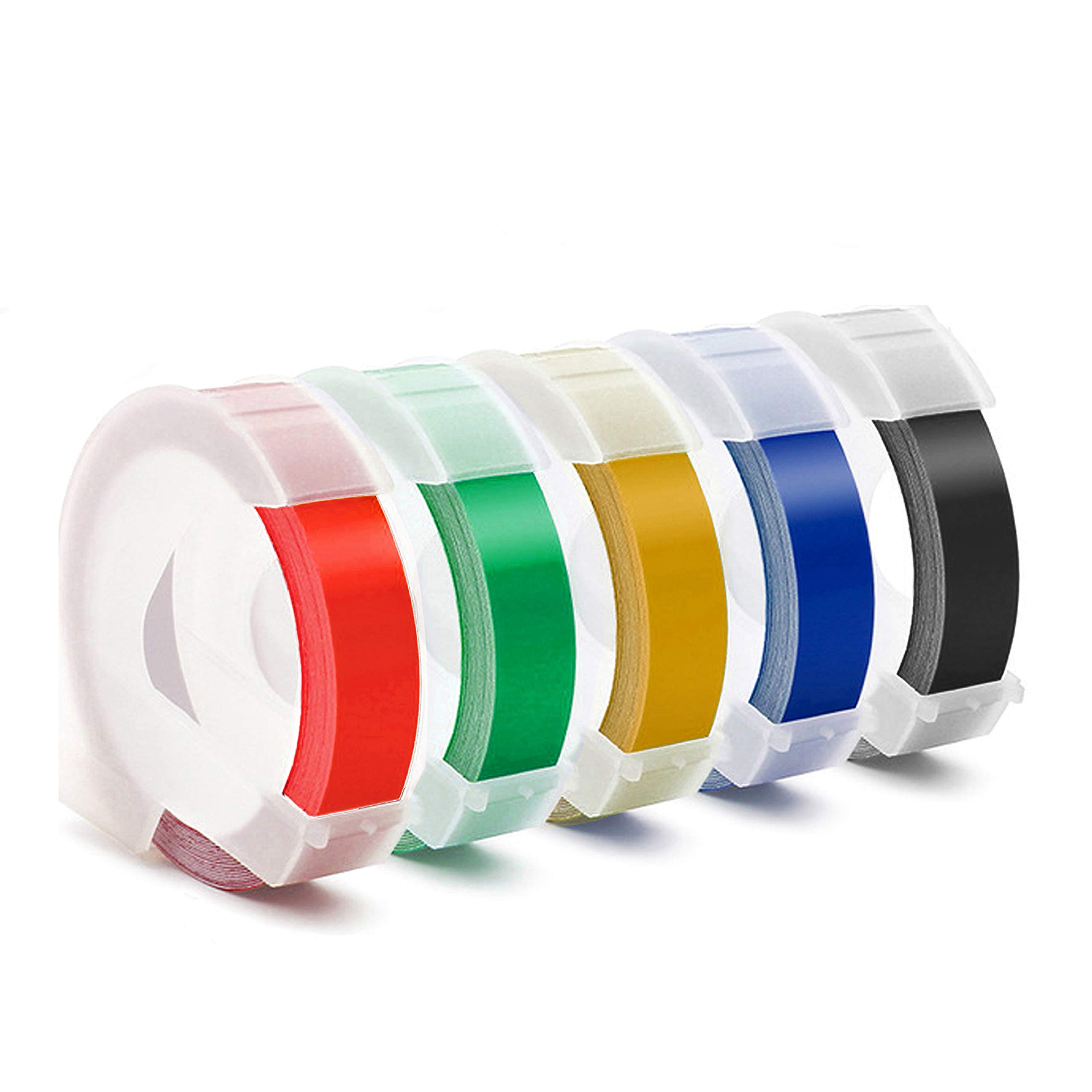 3/8 Inch Embossing Label Tape - Compatible with Dymo Label Maker 12965 & 12966, Durable 3D Plastic Labels for Office Mate II & Organizer Xpress (White on Black/Red/Blue/Yellow/Green) - Perfect for Office Organization, File Labeling & Home Storage
