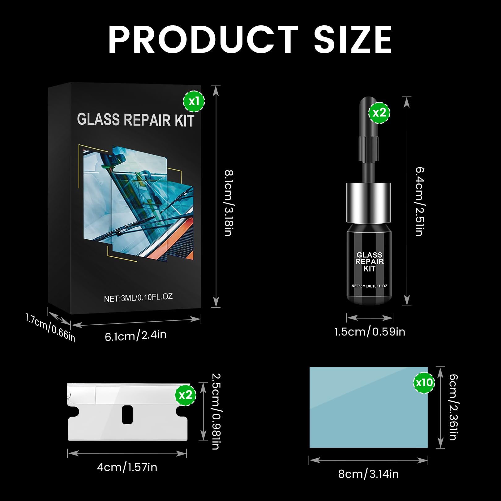 Windshield Repair Kit - 2 Bottles Car Glass Crack & Chip Repair Fluid - Quick Fix for Chips, Cracks, Bulls-Eye & Star-Shaped Damage (Black) | DIY Auto Glass Repair for Cars, Trucks & SUVs