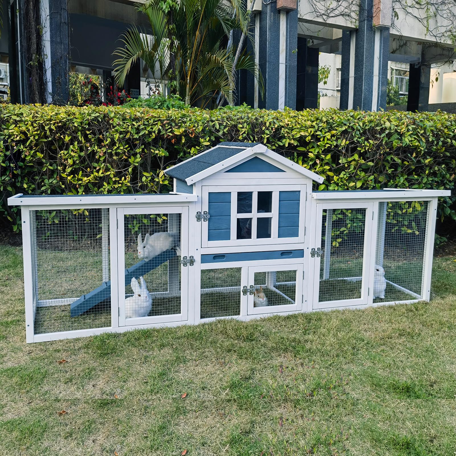 Weatherproof Large Outdoor Rabbit Hutch & 2-Story Chicken Coop - Wooden Bunny Cage with Waterproof Roof, No-Leak Tray & Pull-Out Tray (56.8