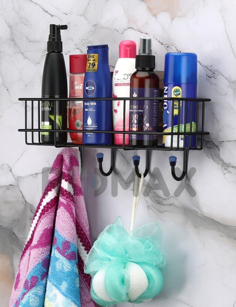 RIOMAX Wall Mounted Self-Adhesive Bathroom Shelf with Hooks - Space Saving Towel Holder & Organizer Rack for Bathroom, Kitchen, Laundry Room - Durable Powder Coated Black Metal (1 Pack) - Perfect for Small Spaces & Clutter-Free Organization