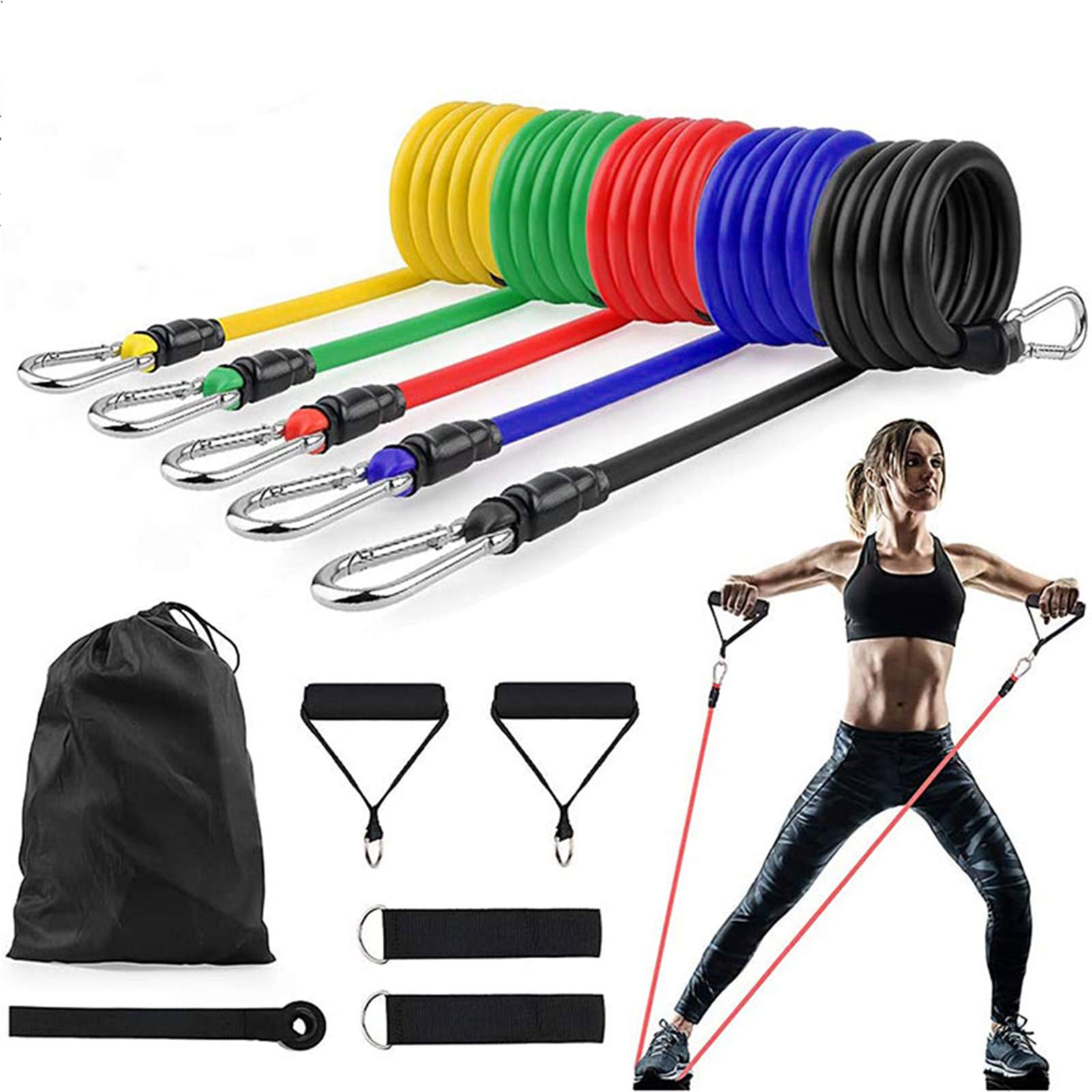 Gmjay 11-Piece Latex Resistance Bands Set with Door Anchor & Ankle Straps - Heavy Duty Exercise Bands for Home Gym, Yoga, Pilates, Strength Training & Physical Therapy