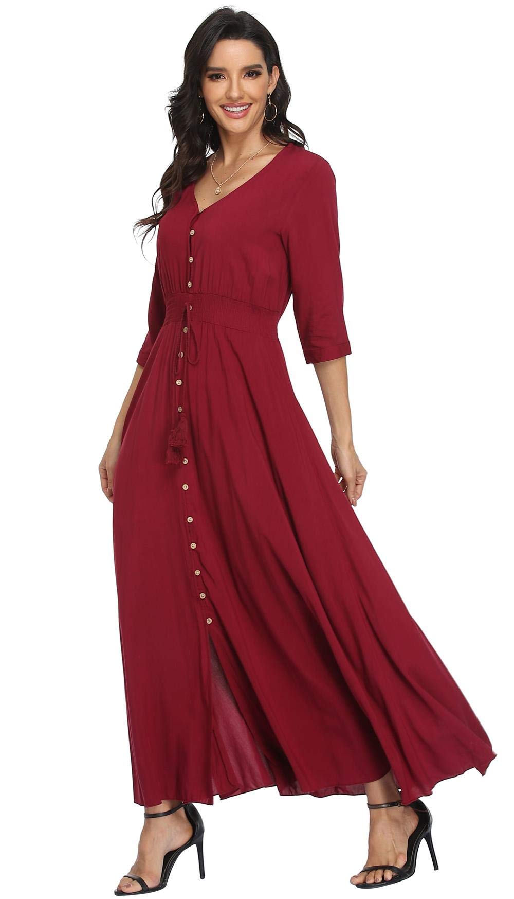 Ferrendo Women's Floral Maxi Dress - Button Up Boho Beach Dress with Side Slit for Summer Parties, Vacations & Casual Outings