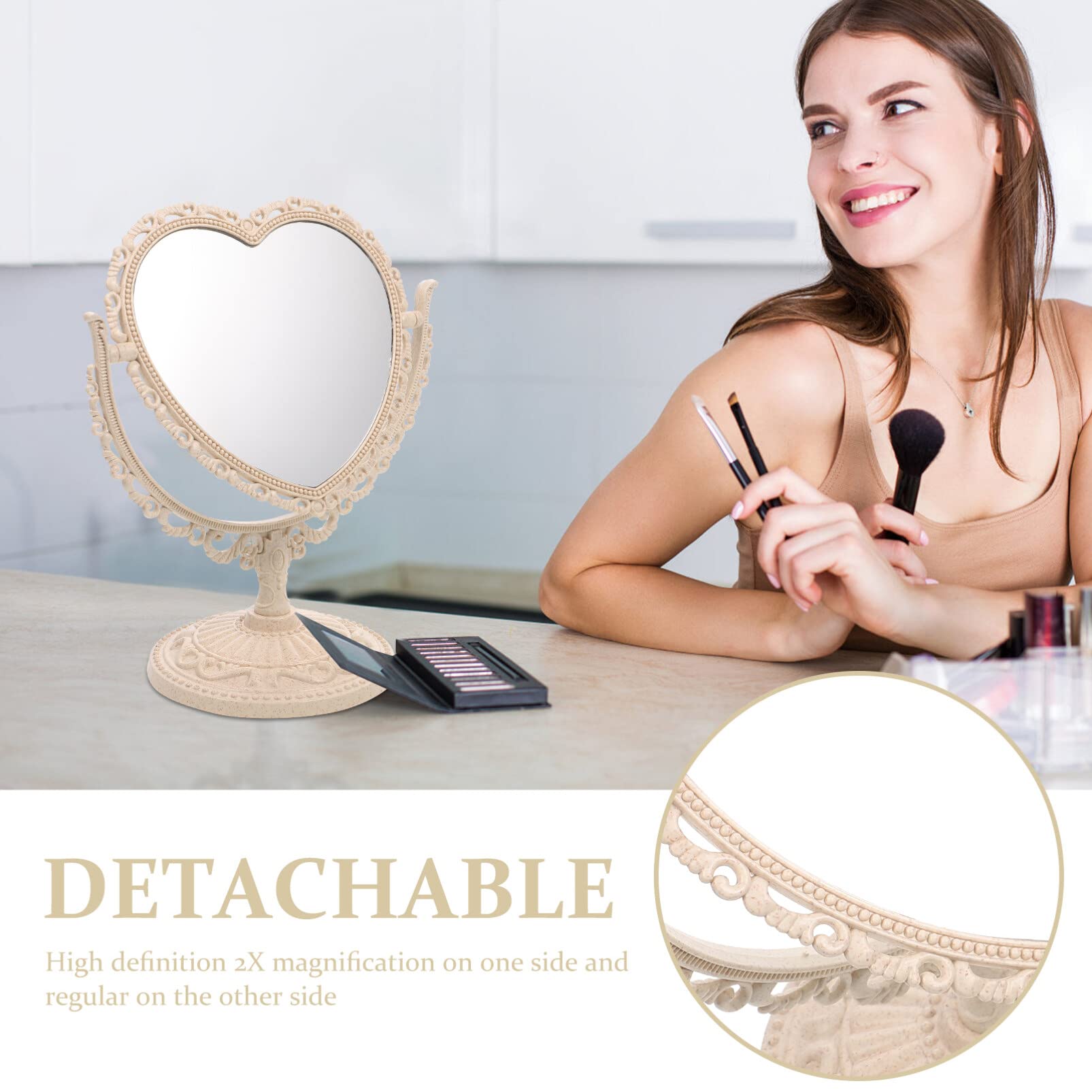 Beaupretty Heart Shaped Vanity Mirror - Double Sided 360° Rotating Makeup Mirror with Stand for Bathroom & Bedroom (Beige) | Perfect for Makeup Application, Skincare Routine, and Home Decor