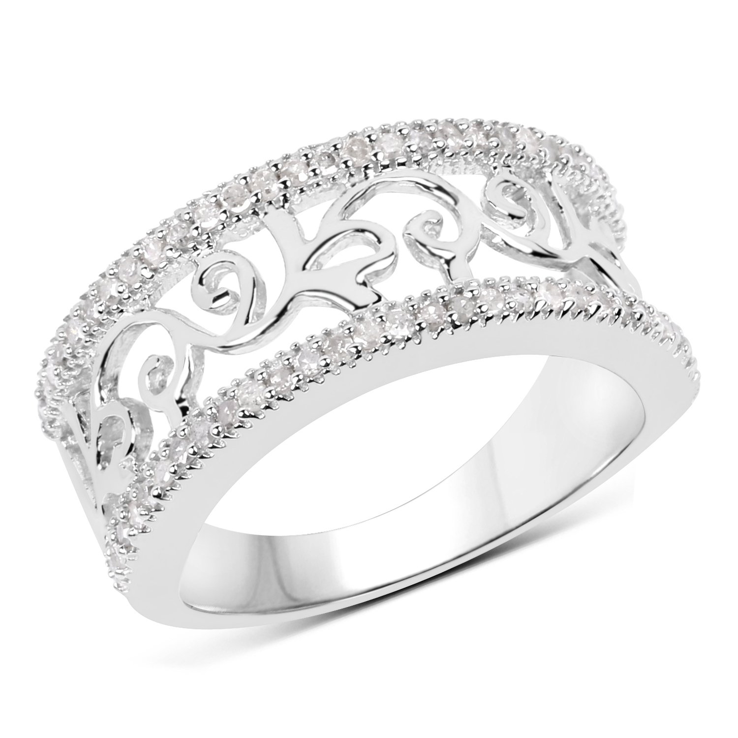 0.27 Carat Genuine White Diamond Floral Ring - I-J Color, I2-I3 Clarity - Sterling Silver 925 with Rhodium Plating - Elegant Jewelry for Weddings, Anniversaries & Special Occasions