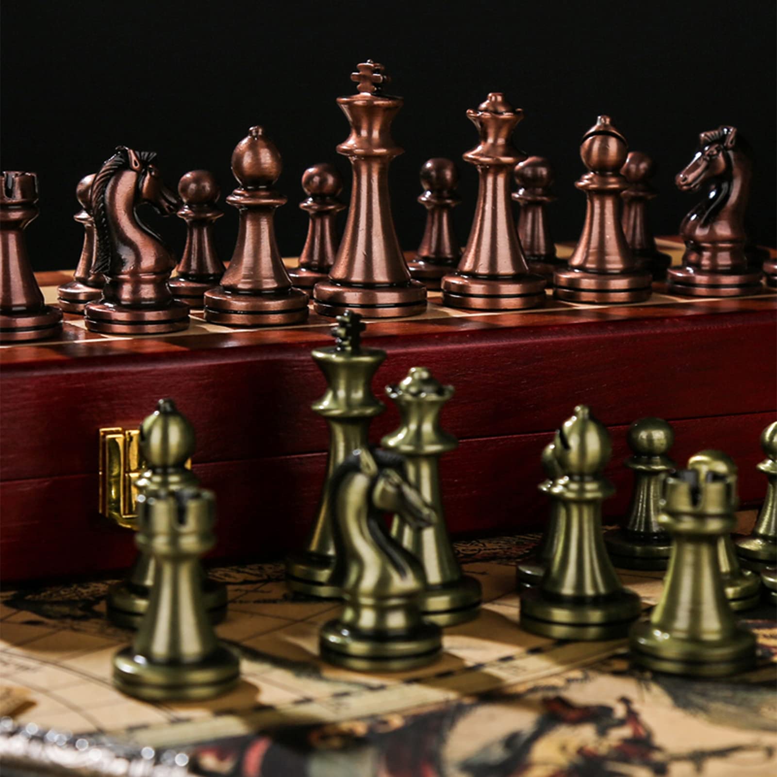 12 Inch Folding Wooden Chess Set with Classic Handmade Metal Pieces - Portable Travel Chess Board Game for Adults & Kids - Perfect for Home, Office, Travel and Gifts