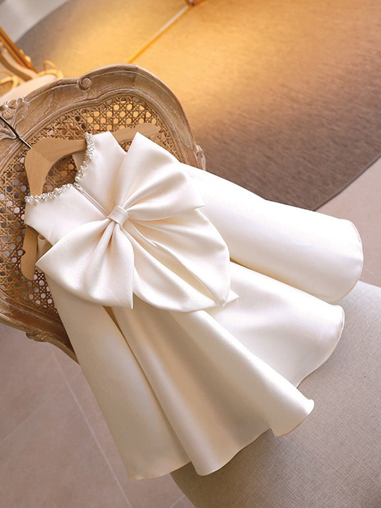 White Princess Round Tea Length Satin Flower Girl Dress for Weddings & Special Occasions