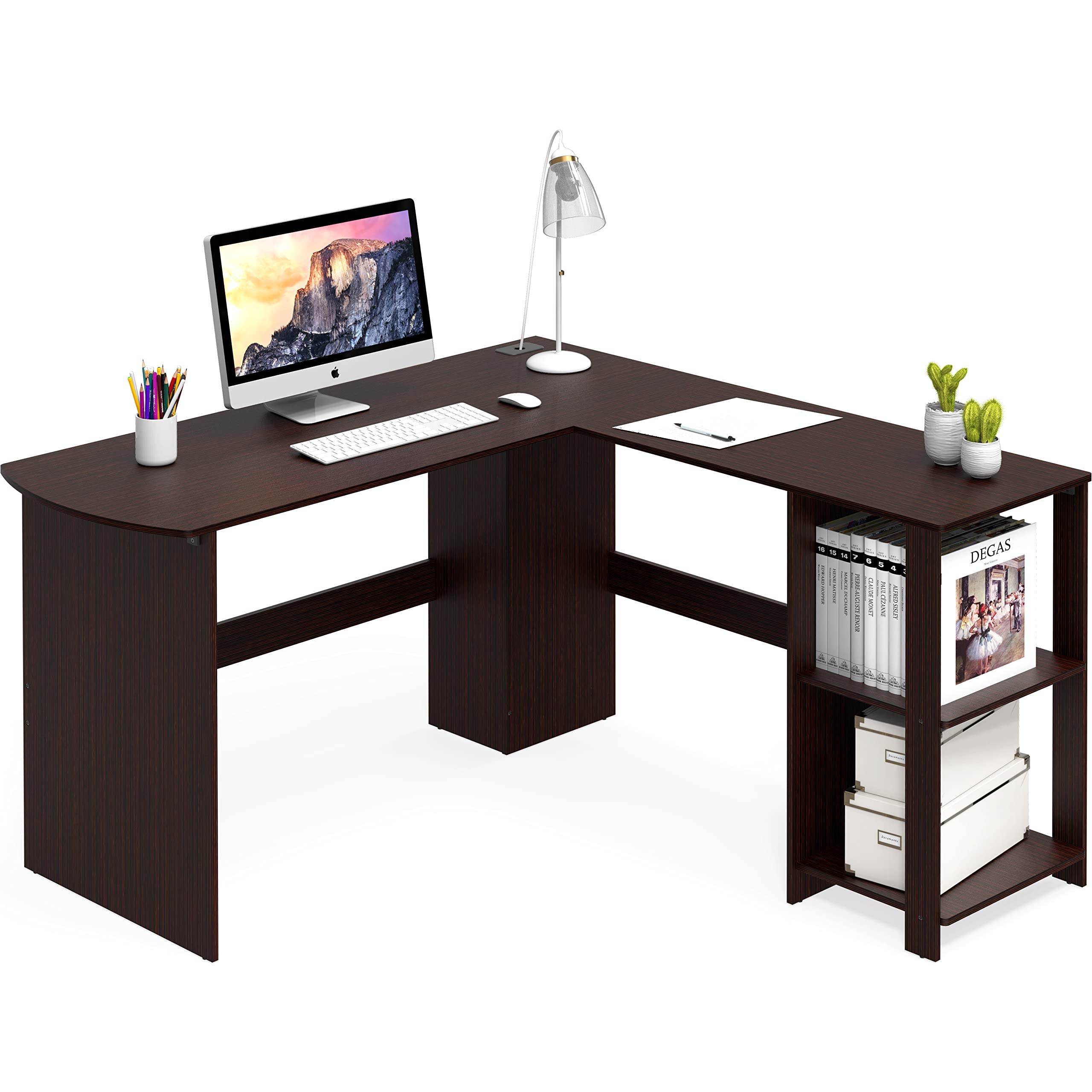 SHW L-Shaped Home Office Wood Corner Desk with Keyboard Tray, Espresso Finish - Perfect for Small Spaces, Gaming & Workstation Setup