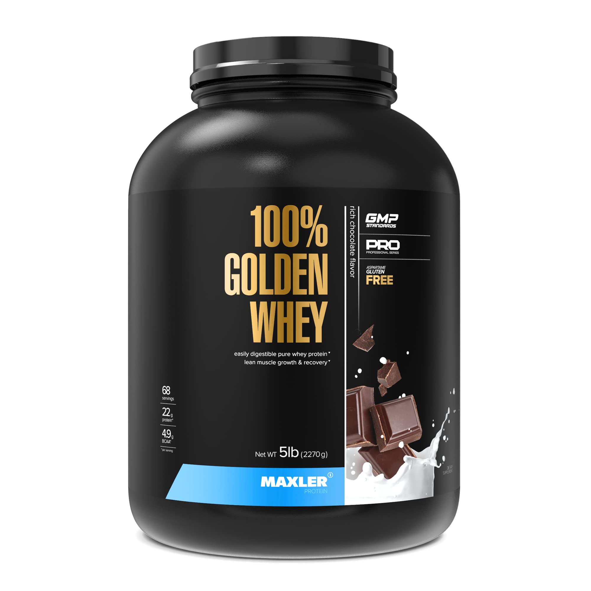Maxler 100% Golden Whey Protein Powder - 22g Protein per Serving, Low Fat & Low Carb with Complete Amino Acid Profile - Rich Chocolate Flavor, 5 lbs for Post-Workout Recovery & Muscle Building