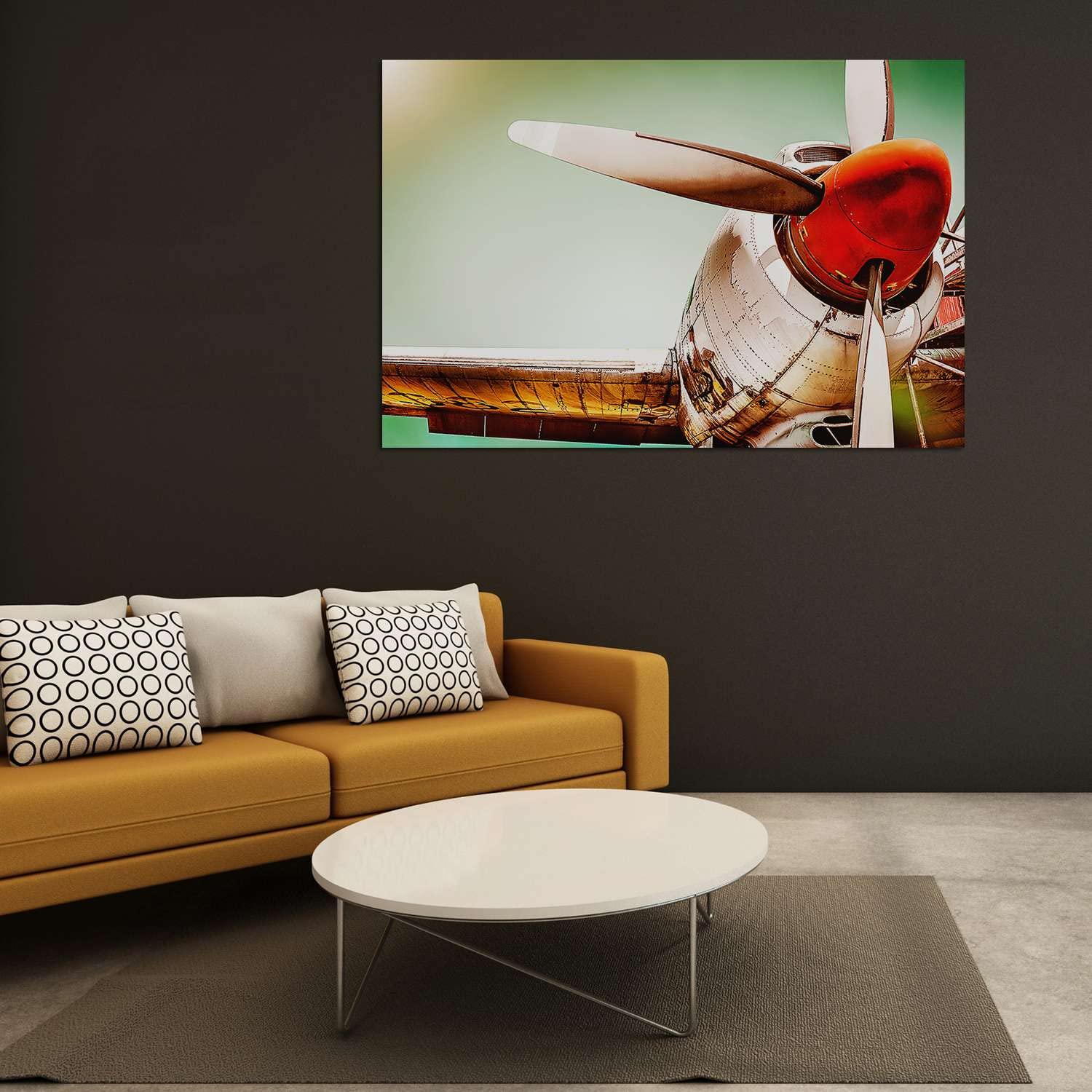 Startonight Luminous Golden Plane with Red Propeller Canvas Wall Art - 32x48 Inch Framed Modern Painting for Living Room, Bedroom & Office Decor - Contemporary Home Wall Artwork for Aviation Enthusiasts & Interior Design