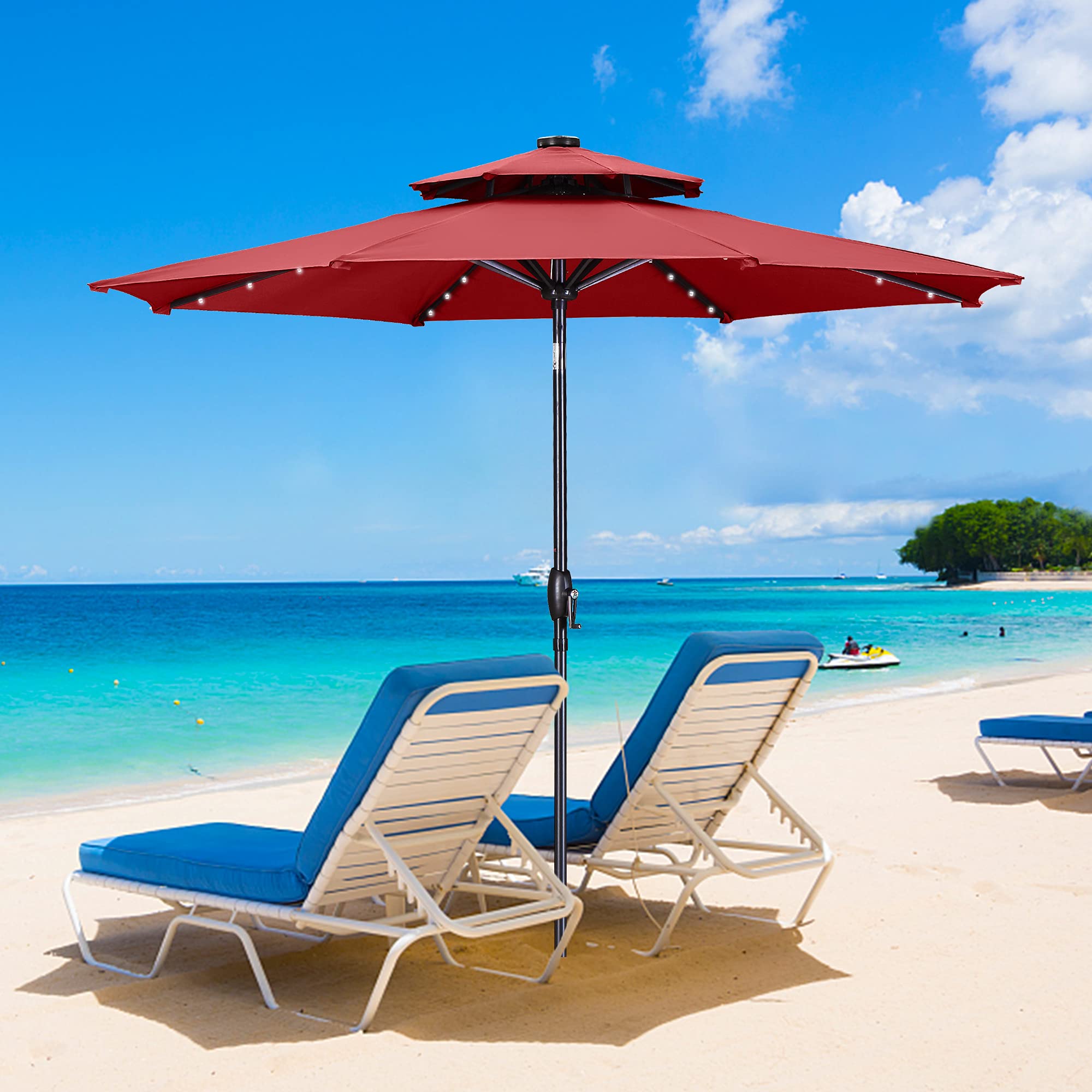 GDY 9 Ft 32 LED Lighted Patio Umbrella - 2-Tier Vented Outdoor Table Umbrella with Tilt & Crank, 8 Sturdy Ribs - Perfect for Backyard, Poolside, and Outdoor Dining Areas
