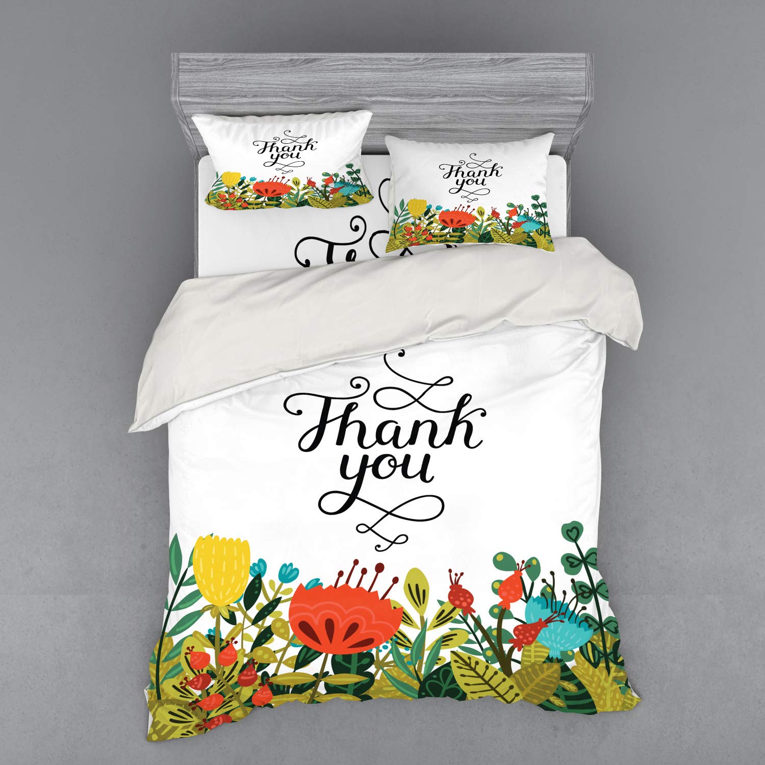 Ambesonne Floral Queen Size 4-Piece Bedding Set - Handwritten Thank You Words with Botanical Flowers & Leaves Design, Duvet Cover, Shams & Fitted Sheet - Perfect for Guest Rooms, Master Bedrooms & Cozy Home Decor